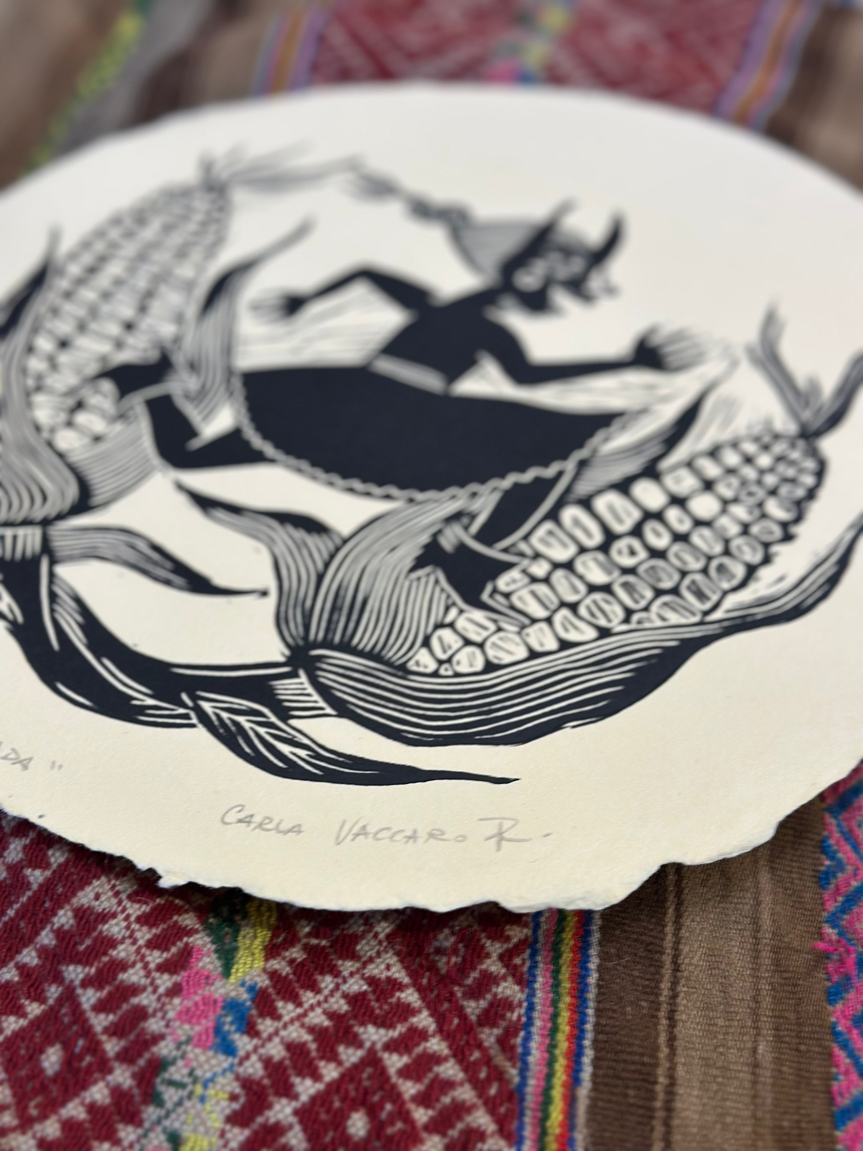 Trenza Dorada - Linocut Round Print