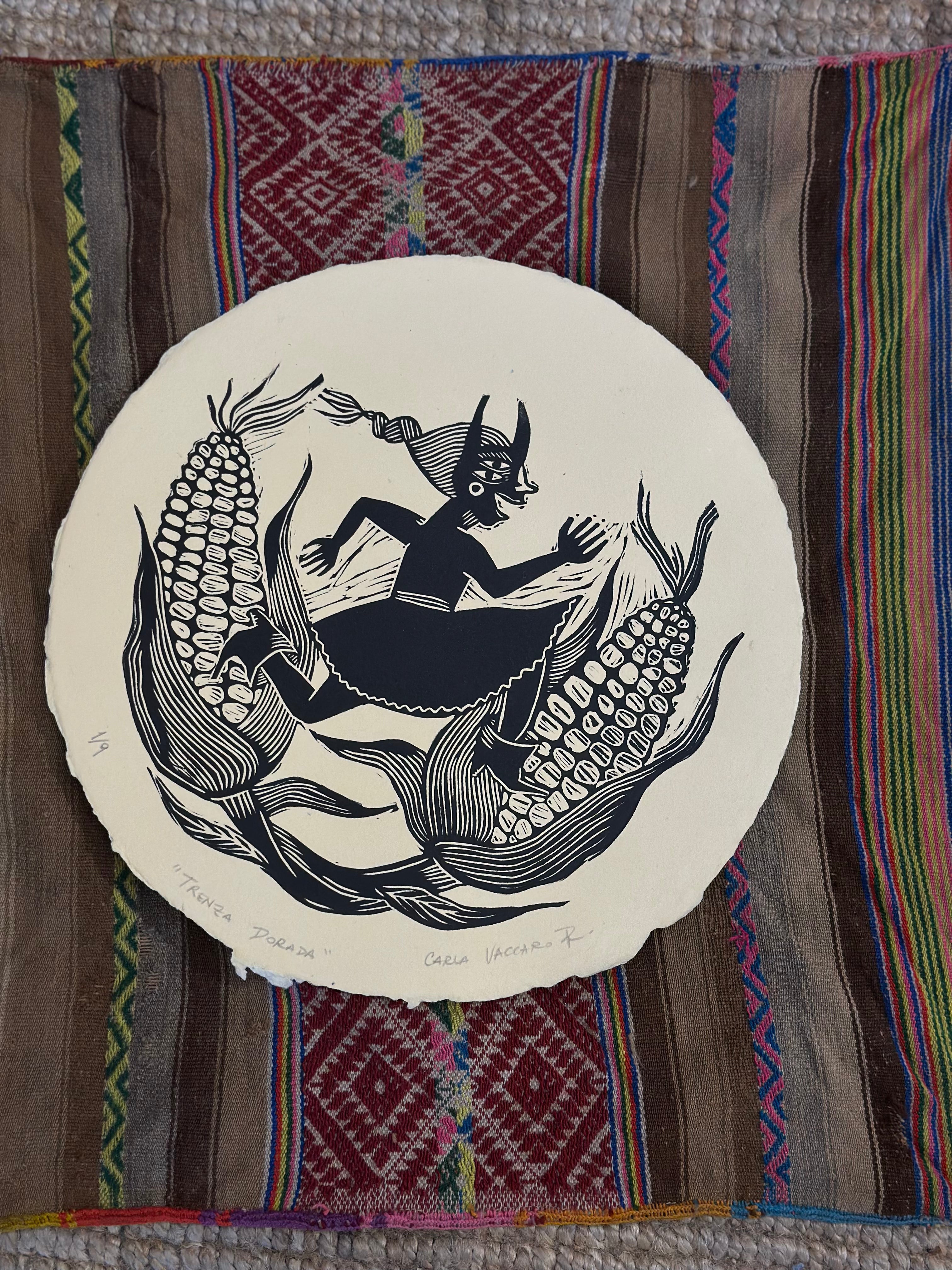 Trenza Dorada - Linocut Round Print
