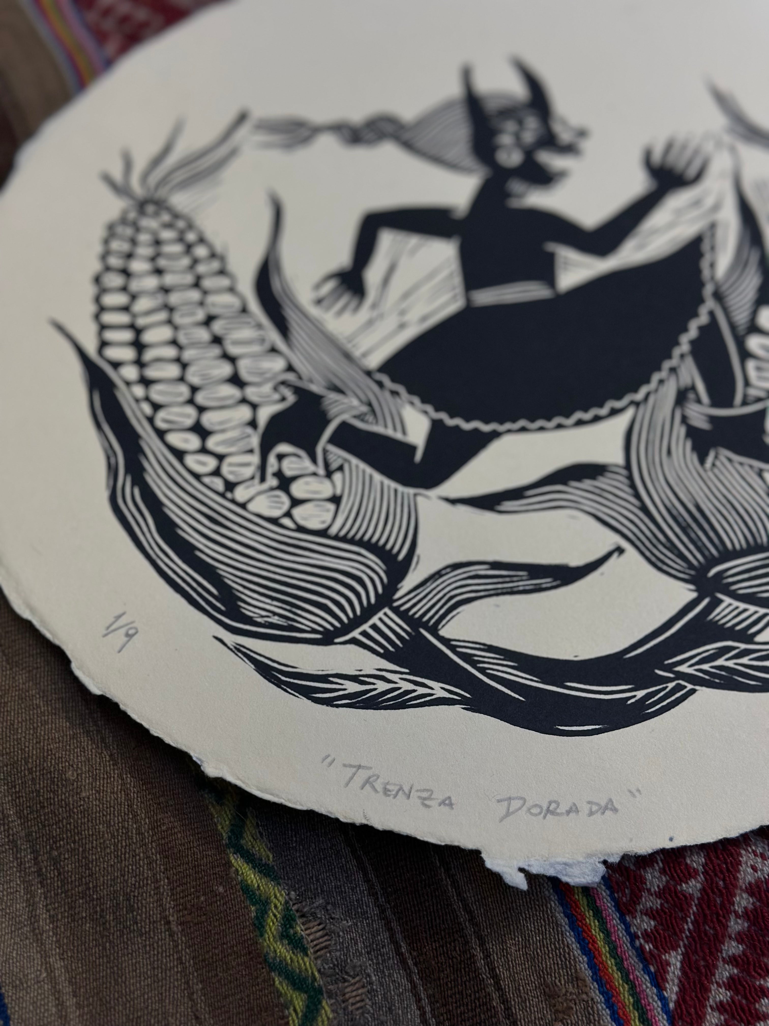 Trenza Dorada - Linocut Round Print