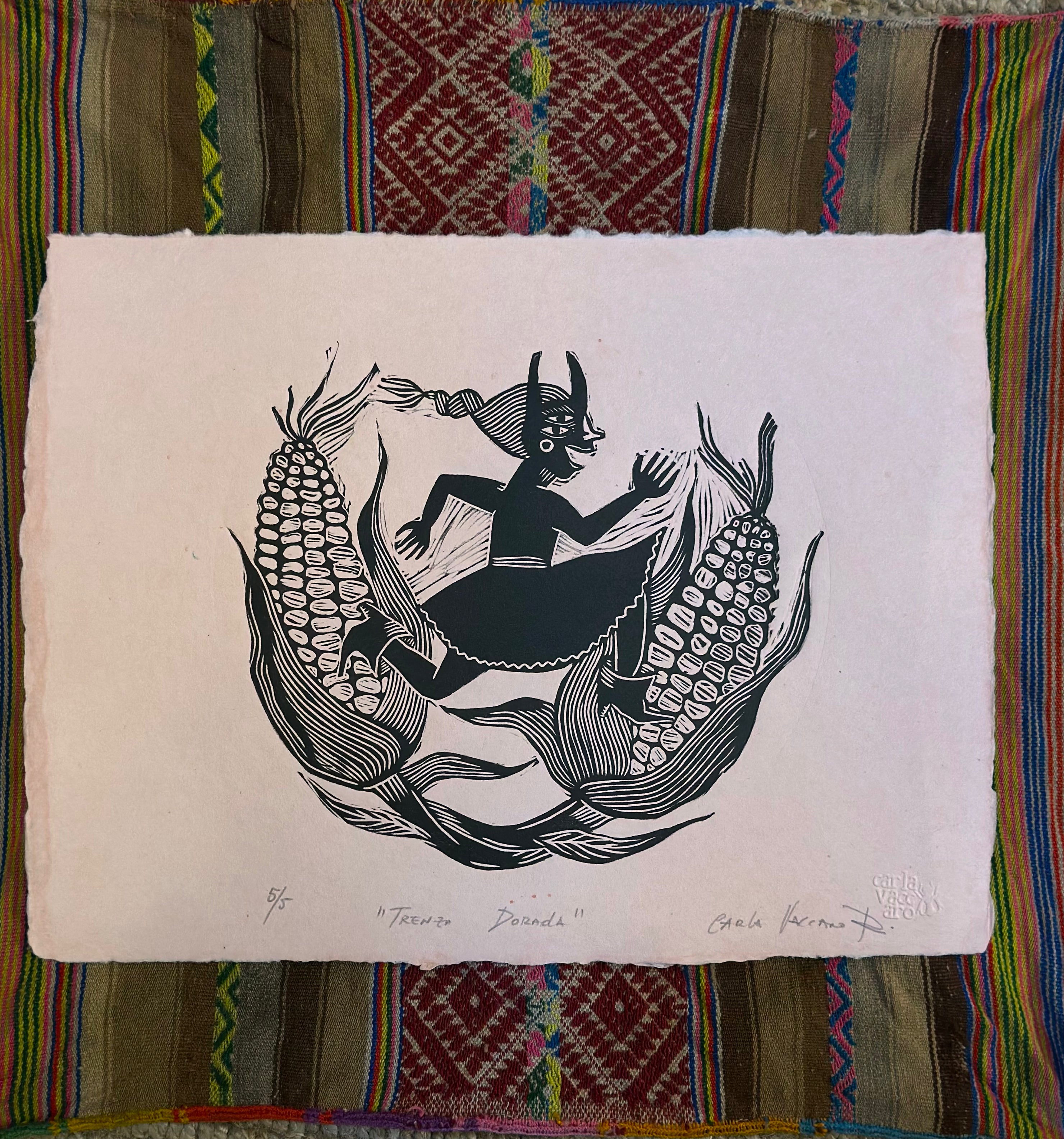 Trenza Dorada - linocut print 11.5" x 15"