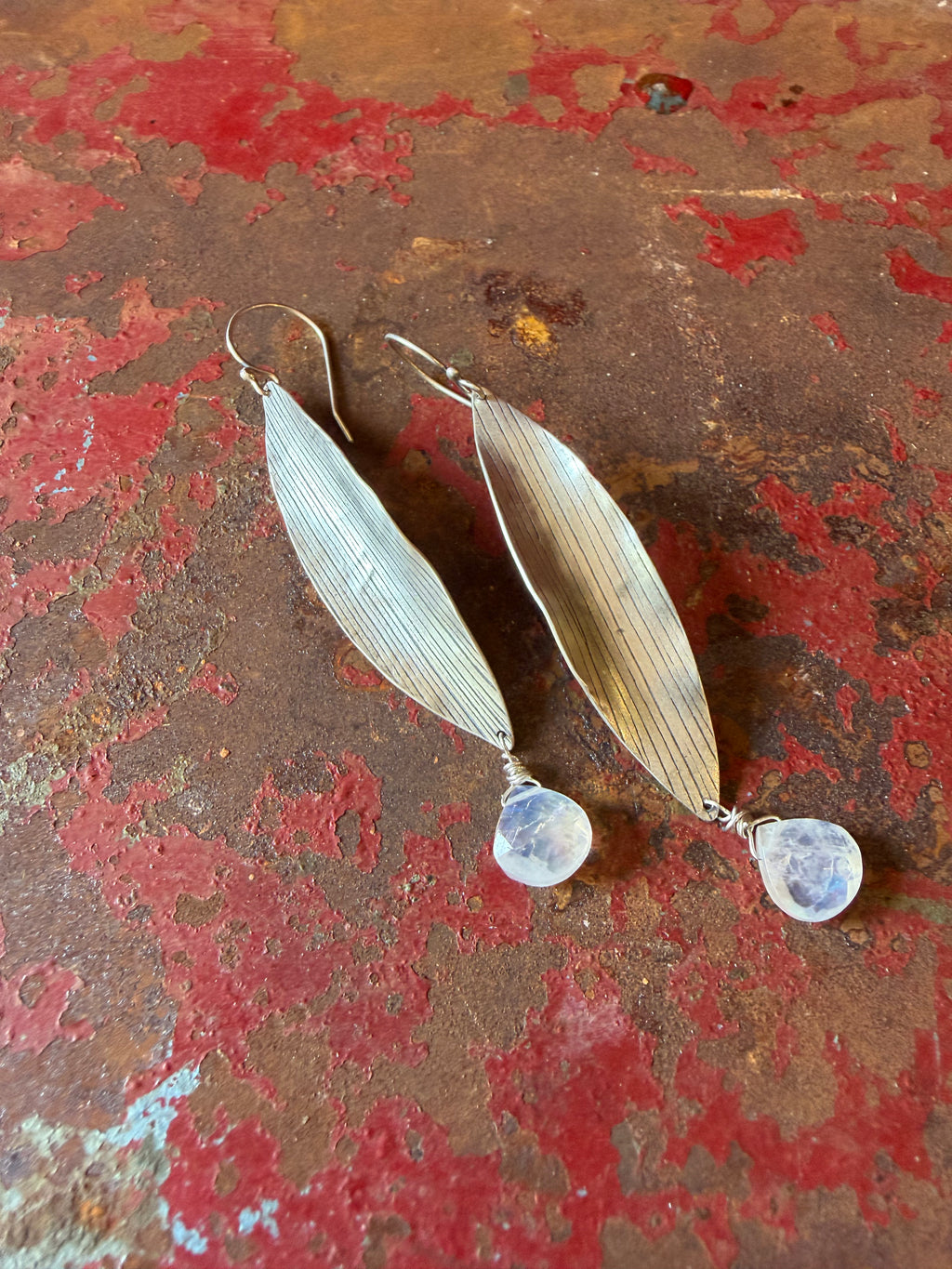 Corn Husk earrings  ~ Moonstone and Sterling silver