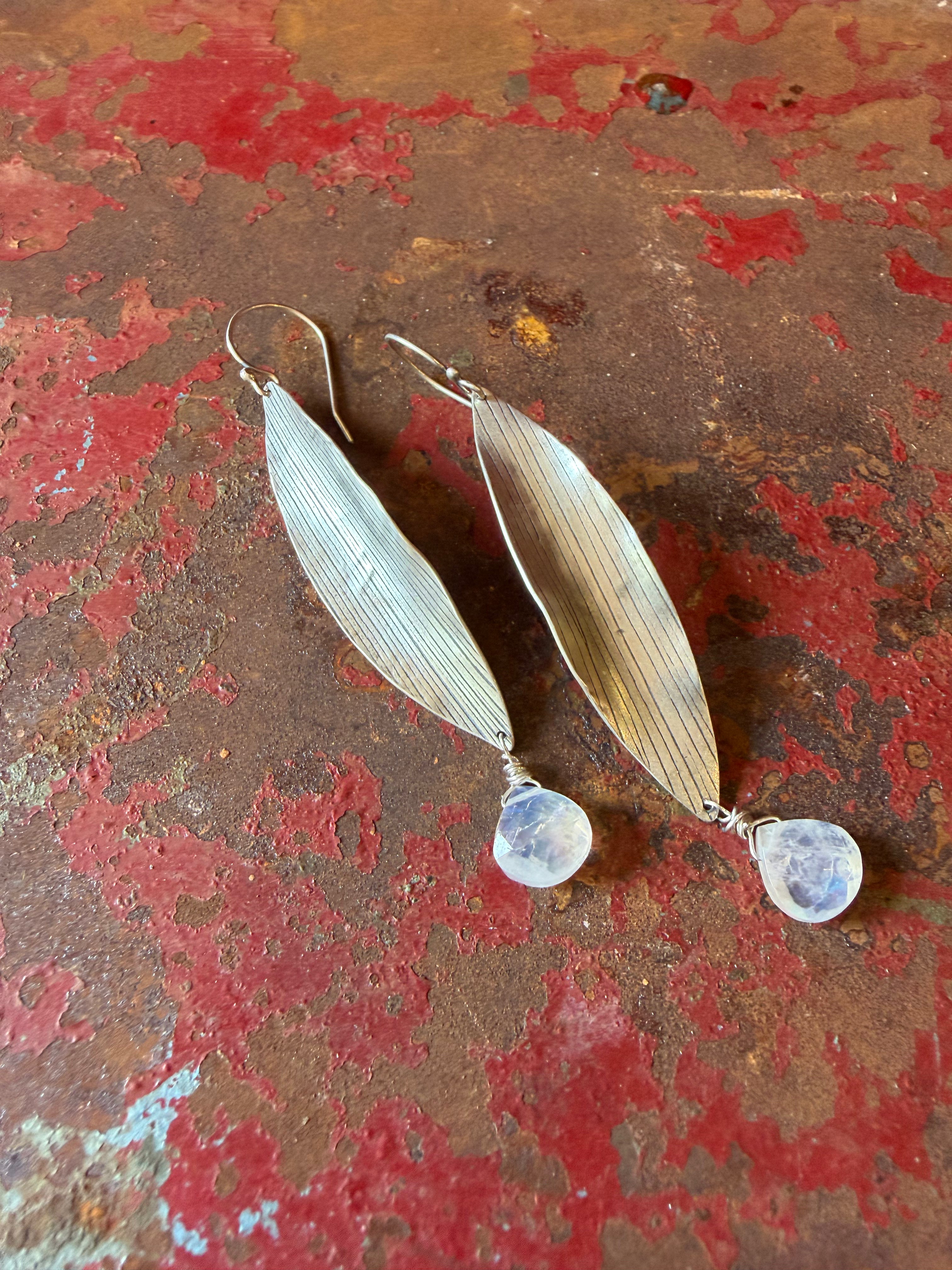 Corn Husk earrings  ~ Moonstone and Sterling silver