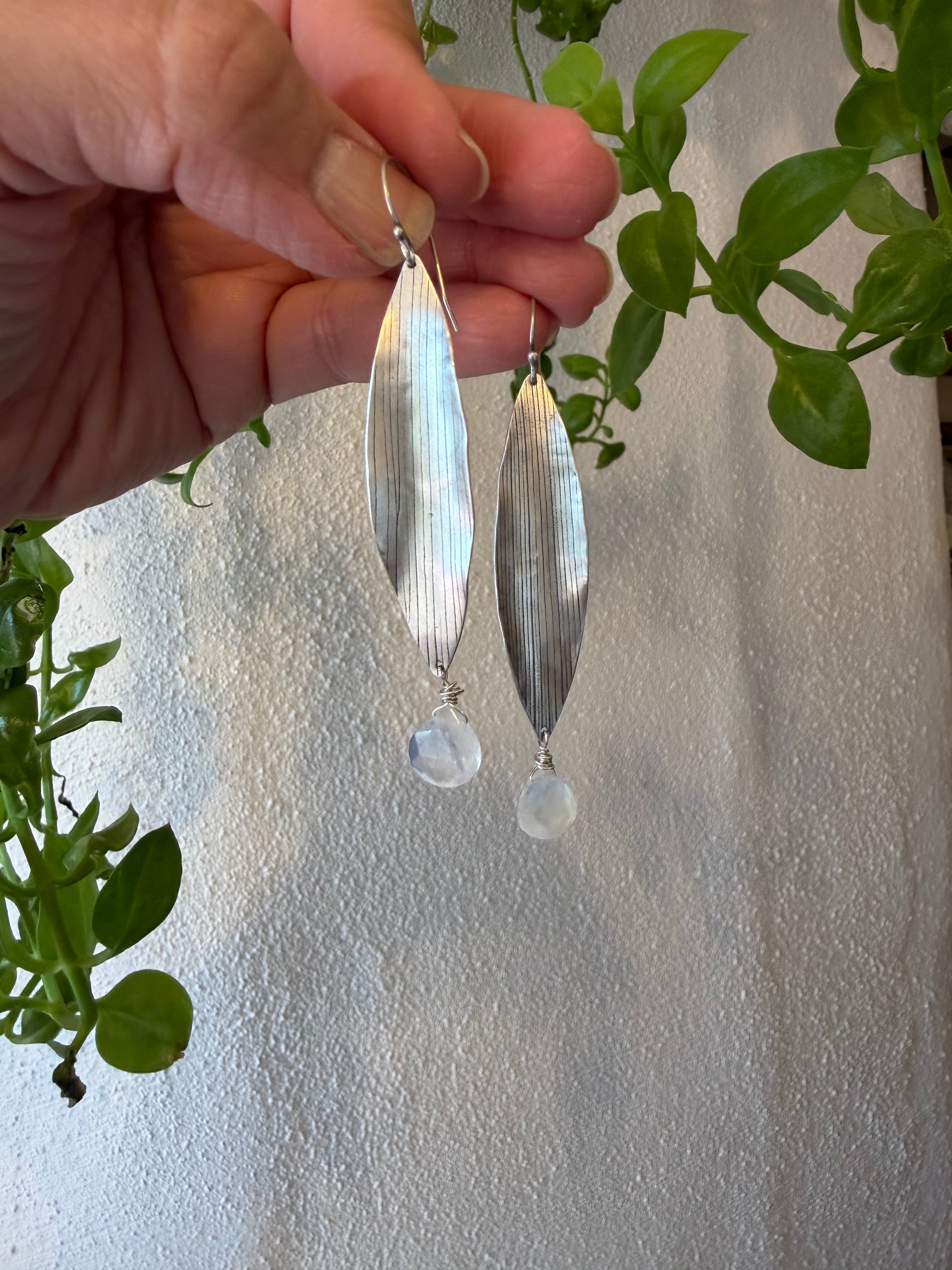 Corn Husk earrings  ~ Moonstone and Sterling silver
