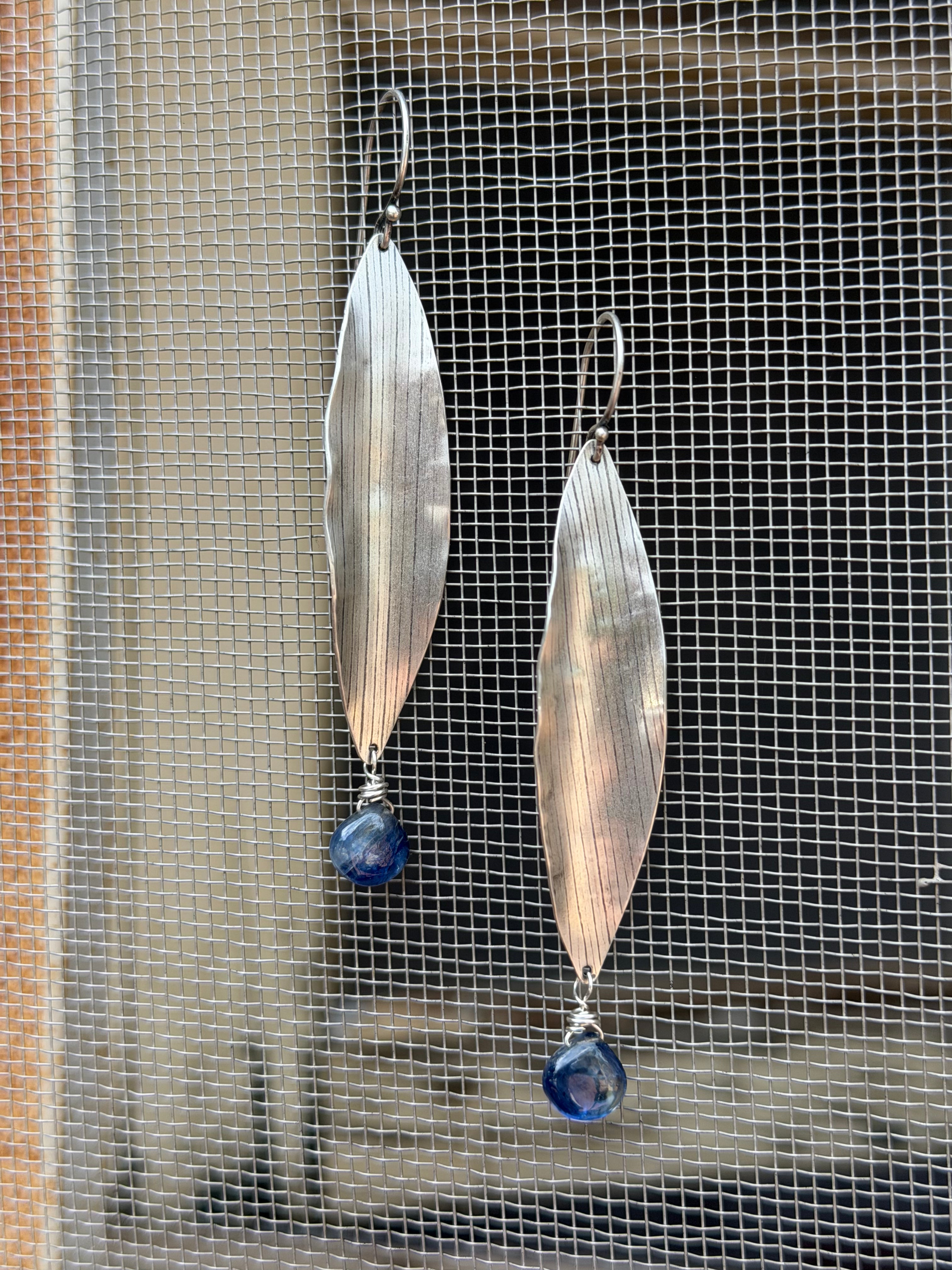Corn Husk earrings  ~ Kyanite and Sterling silver