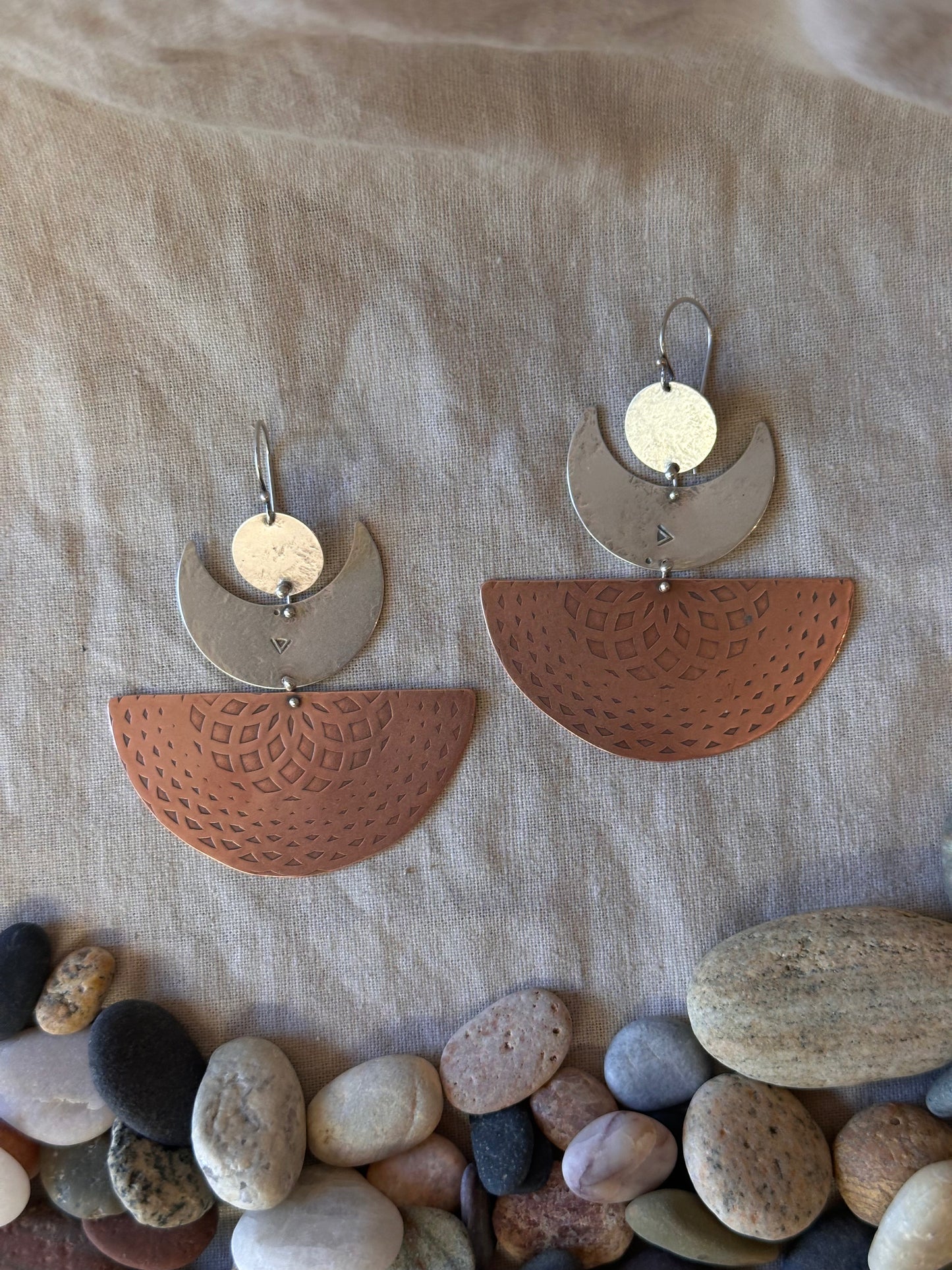 Half moon dangle earrings ~ sterling silver & brass