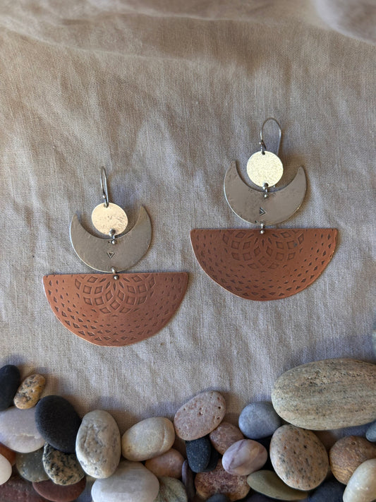 Half moon dangle earrings ~ sterling silver & brass