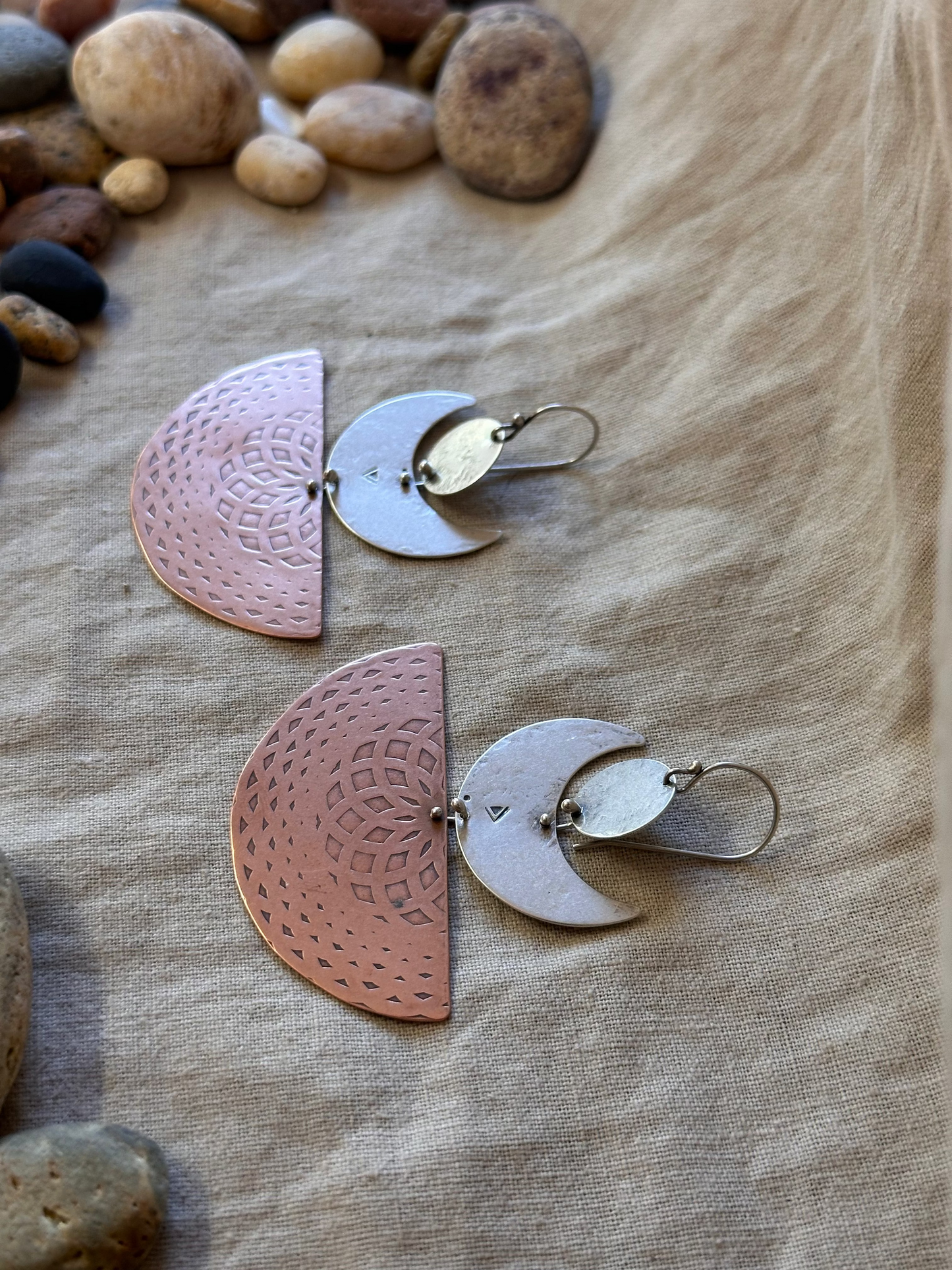 Half moon dangle earrings ~ sterling silver & brass