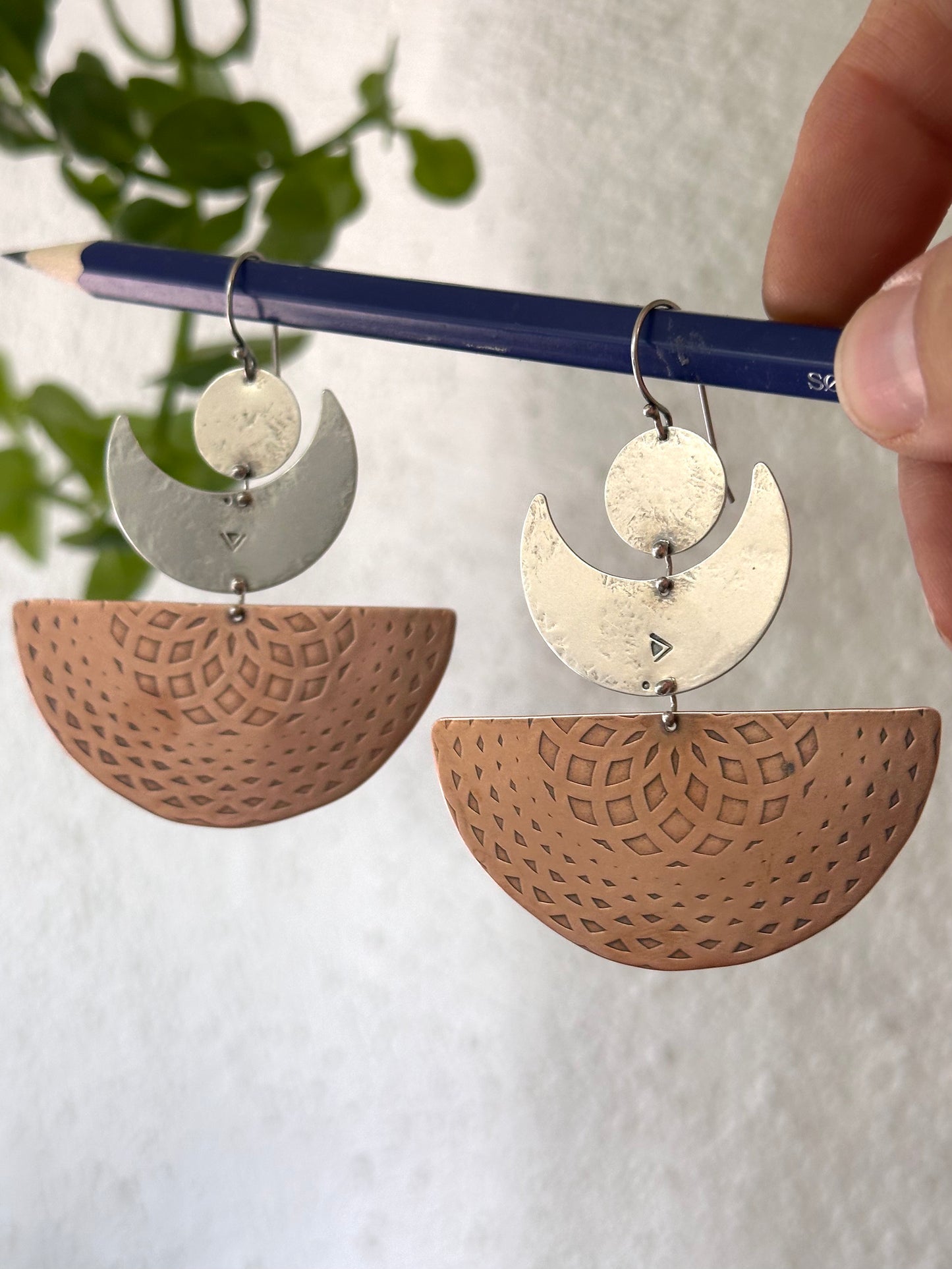 Half moon dangle earrings ~ sterling silver & brass