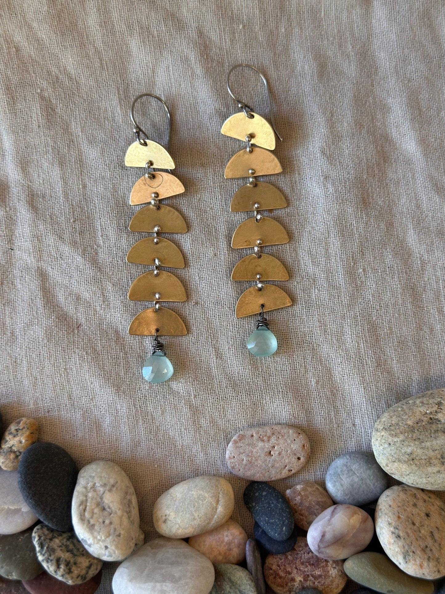 Aqua Chalcedony Connected Lunar earrings - Brass & Sterling Silver