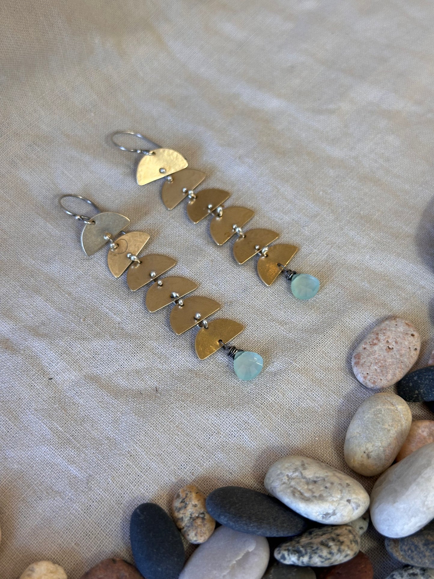 Aqua Chalcedony Connected Lunar earrings - Brass & Sterling Silver