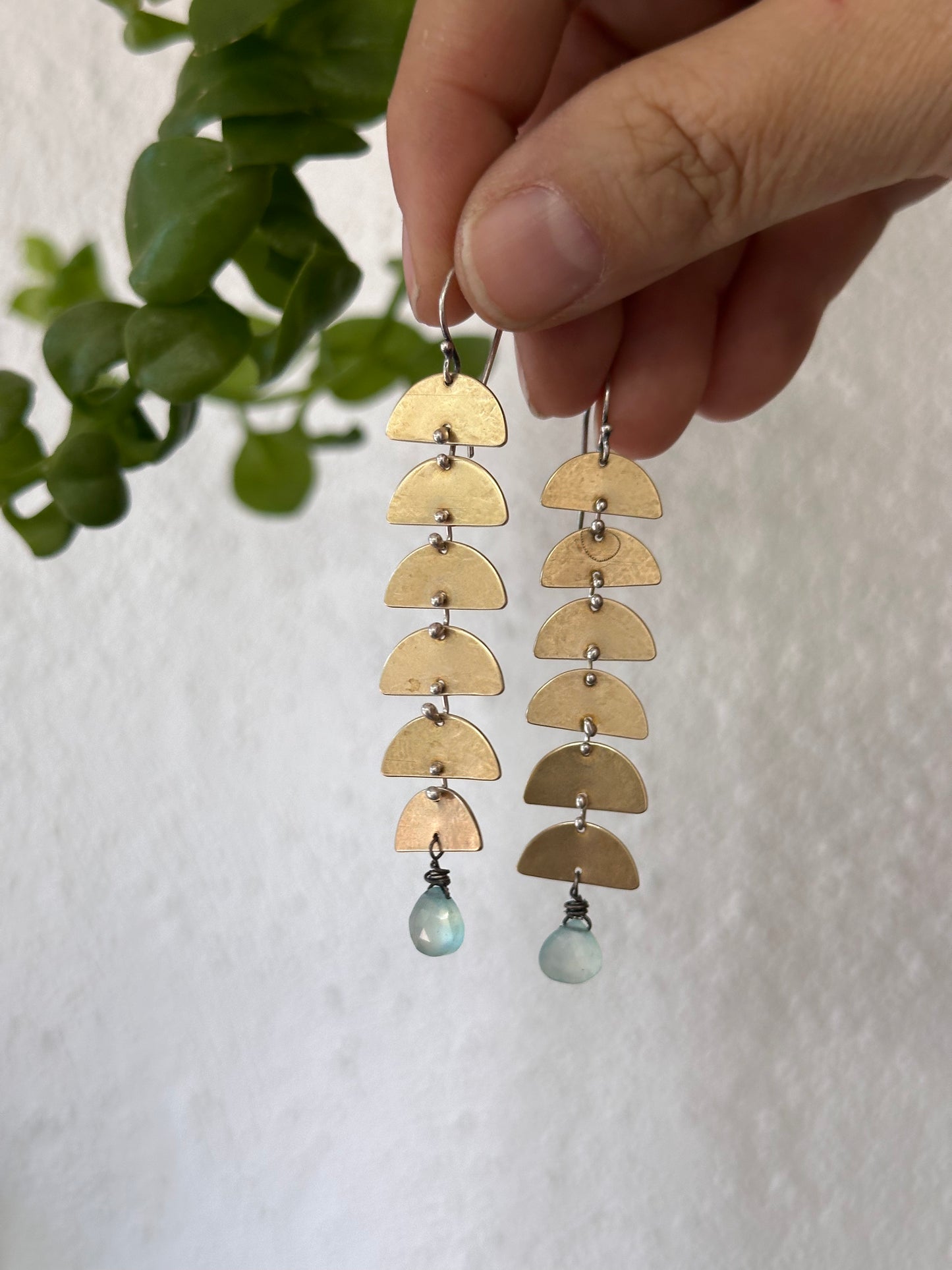 Aqua Chalcedony Connected Lunar earrings - Brass & Sterling Silver