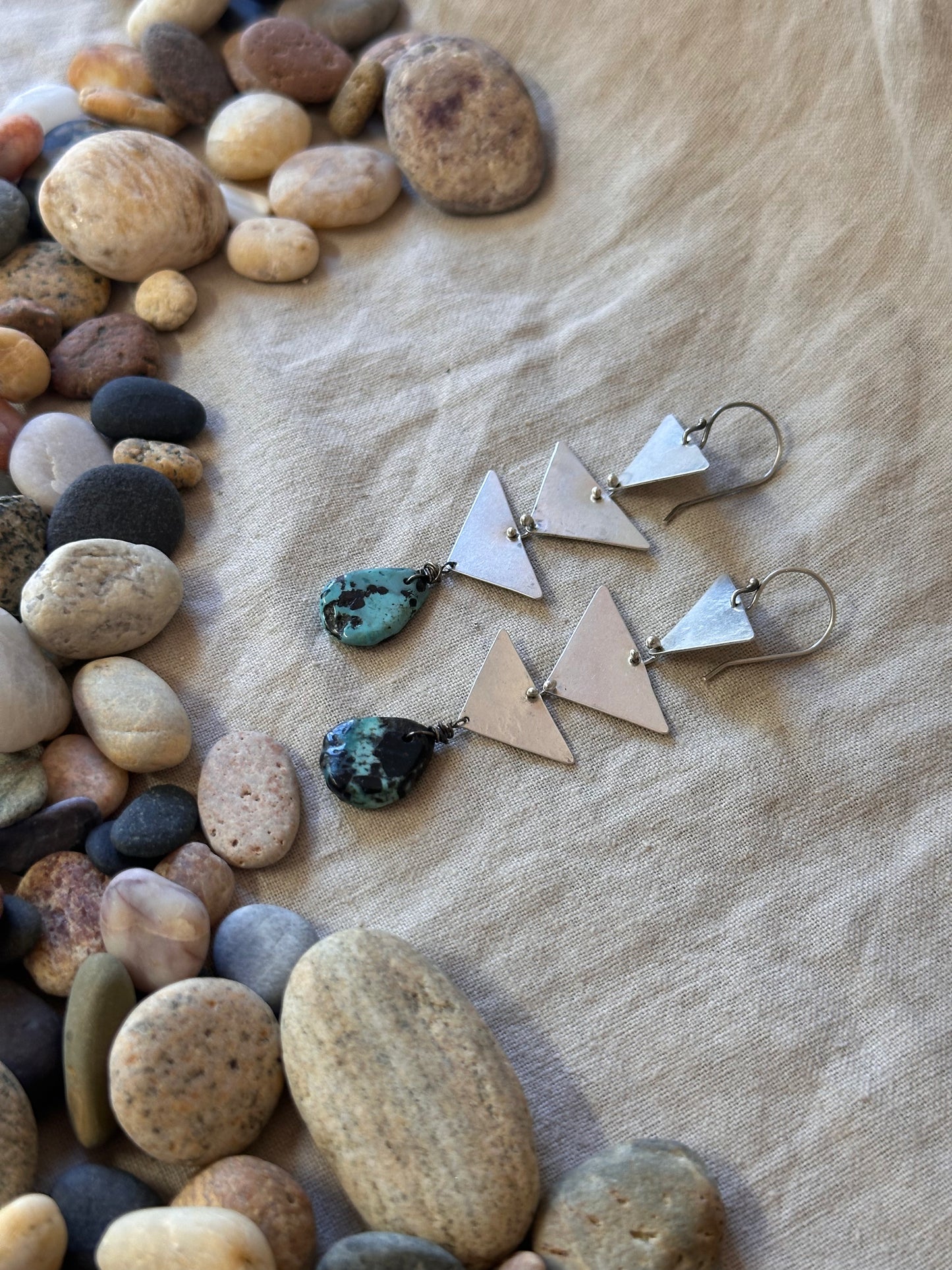 Turquoise and Silver triangles connected earrings