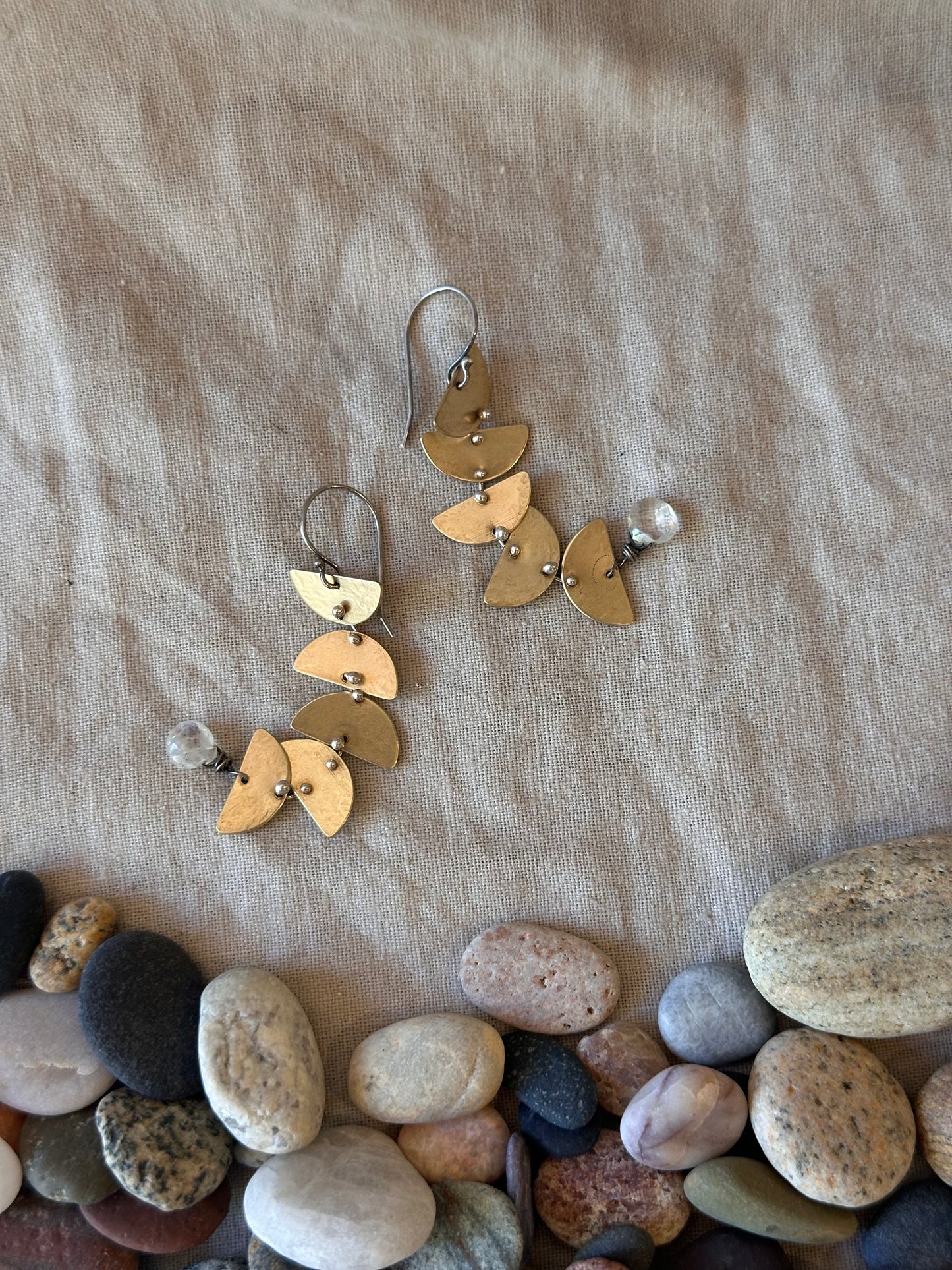 Rainbow Moonstone Connected Lunar earrings - Brass & Sterling Silver