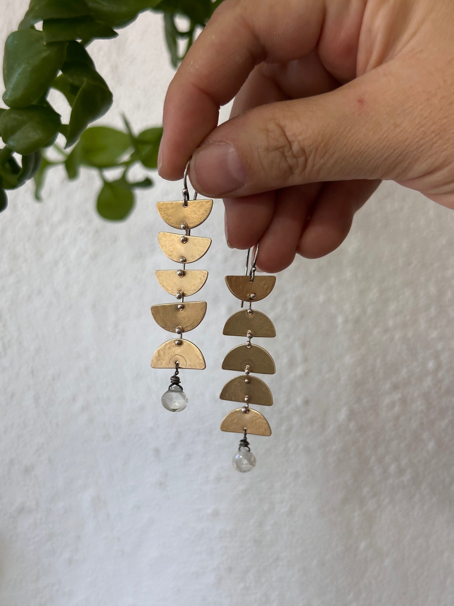 Rainbow Moonstone Connected Lunar earrings - Brass & Sterling Silver