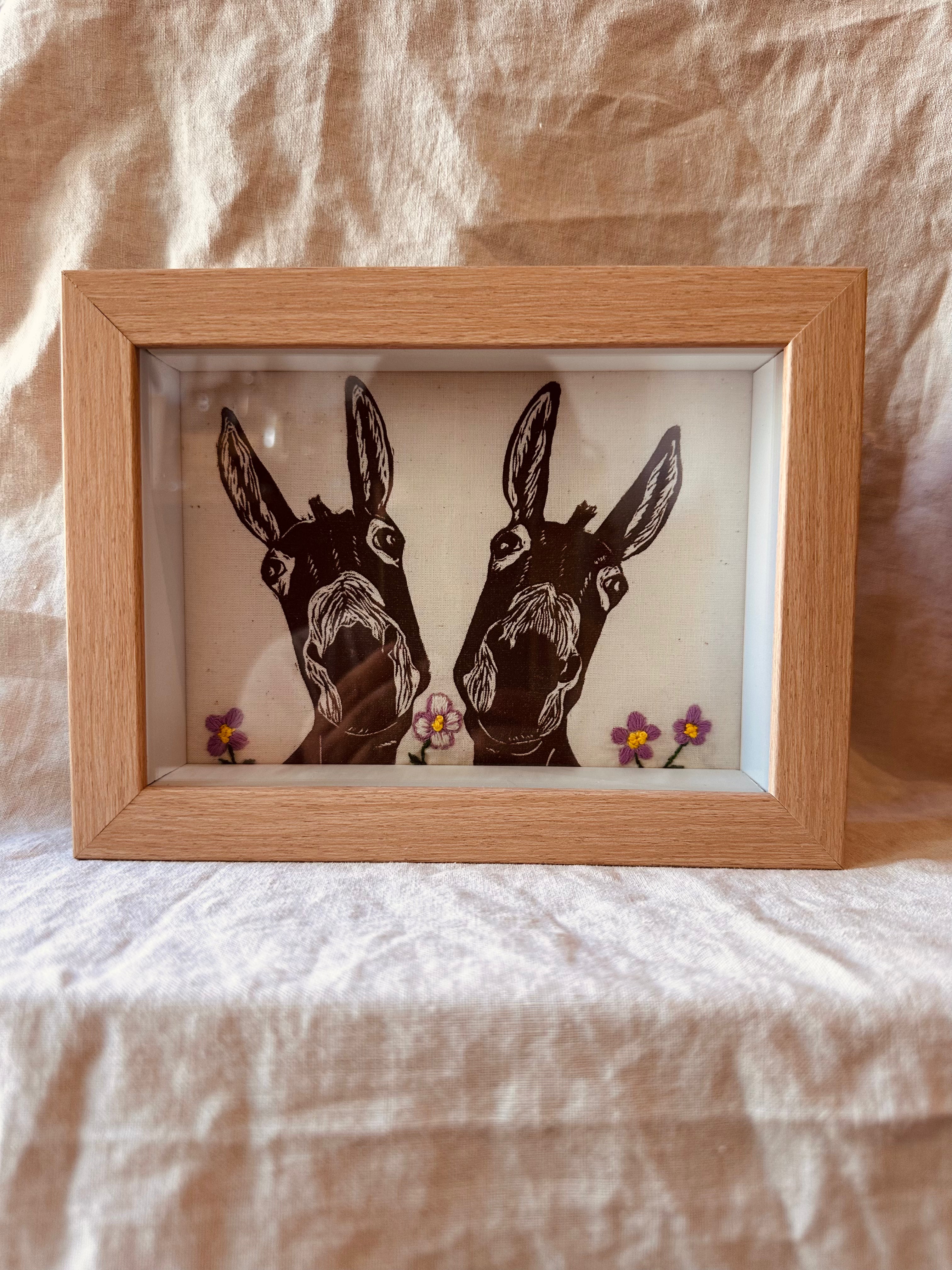 Shadow box • Two donkeys • embroidery lavender flowers