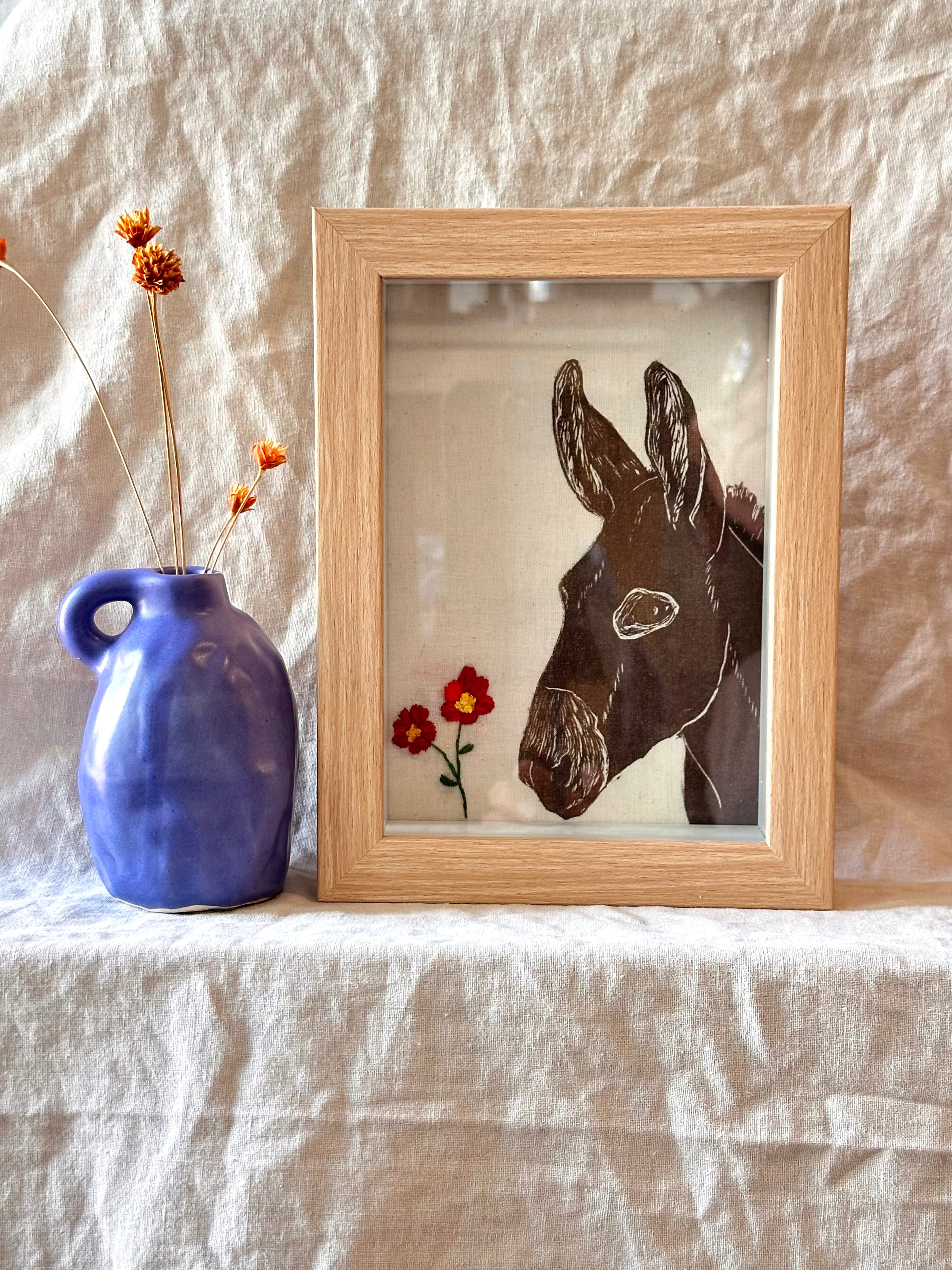 Shadow box • donkey • embroidery red flowers