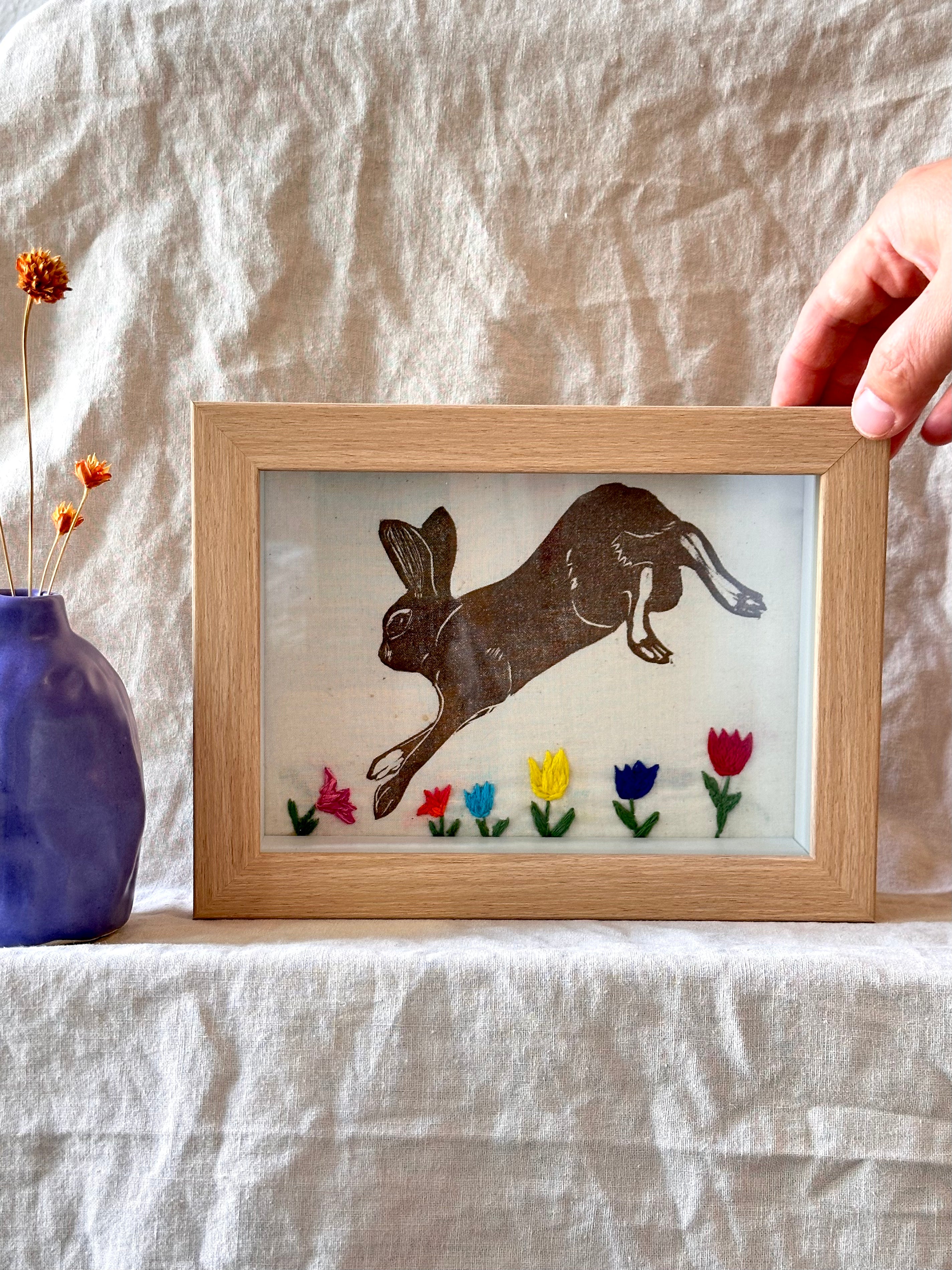 Shadow box ~ conejo ~  embroidery multicolor flowers