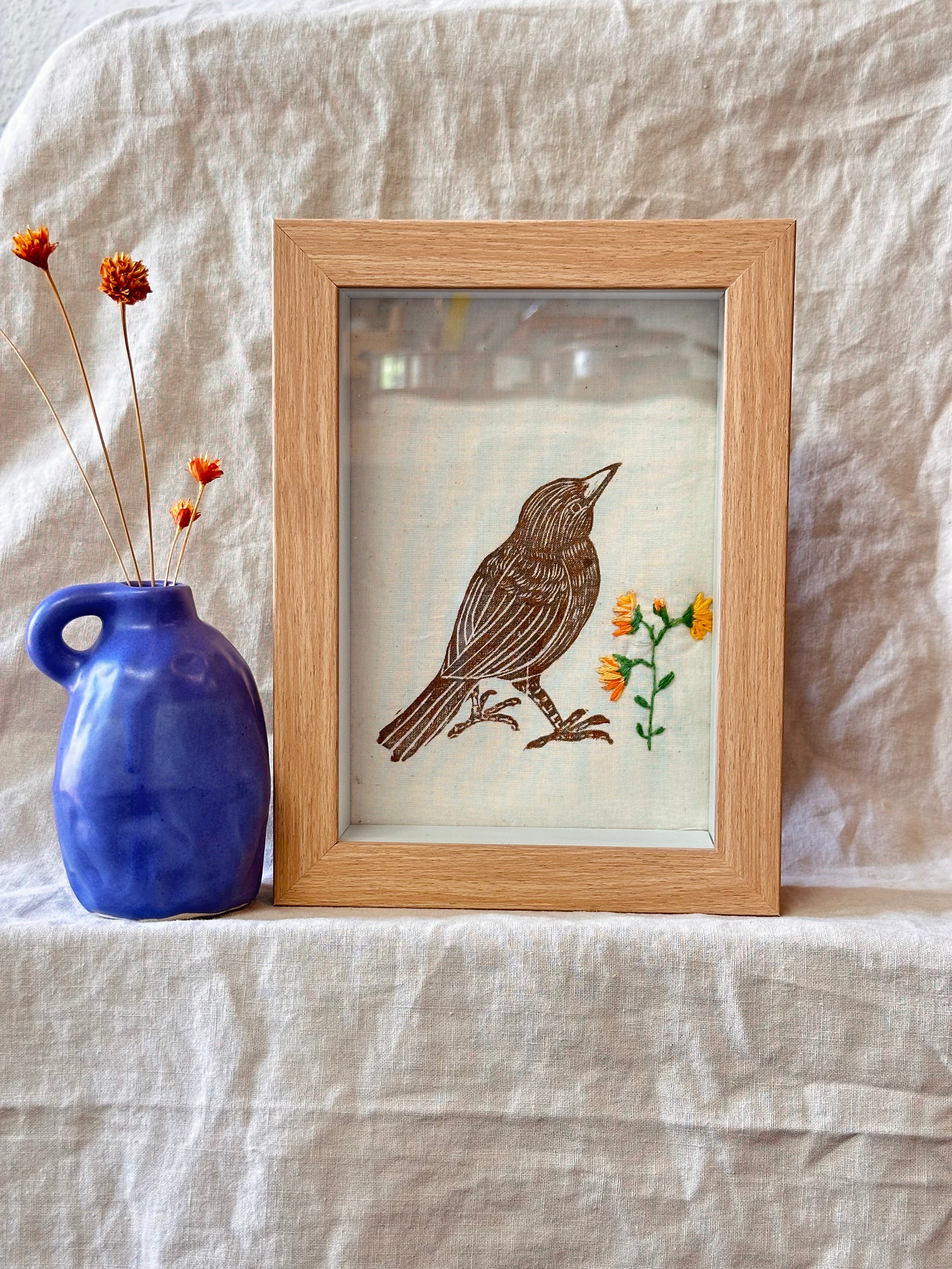 Shadow box • bird • embroidery aqua flowers
