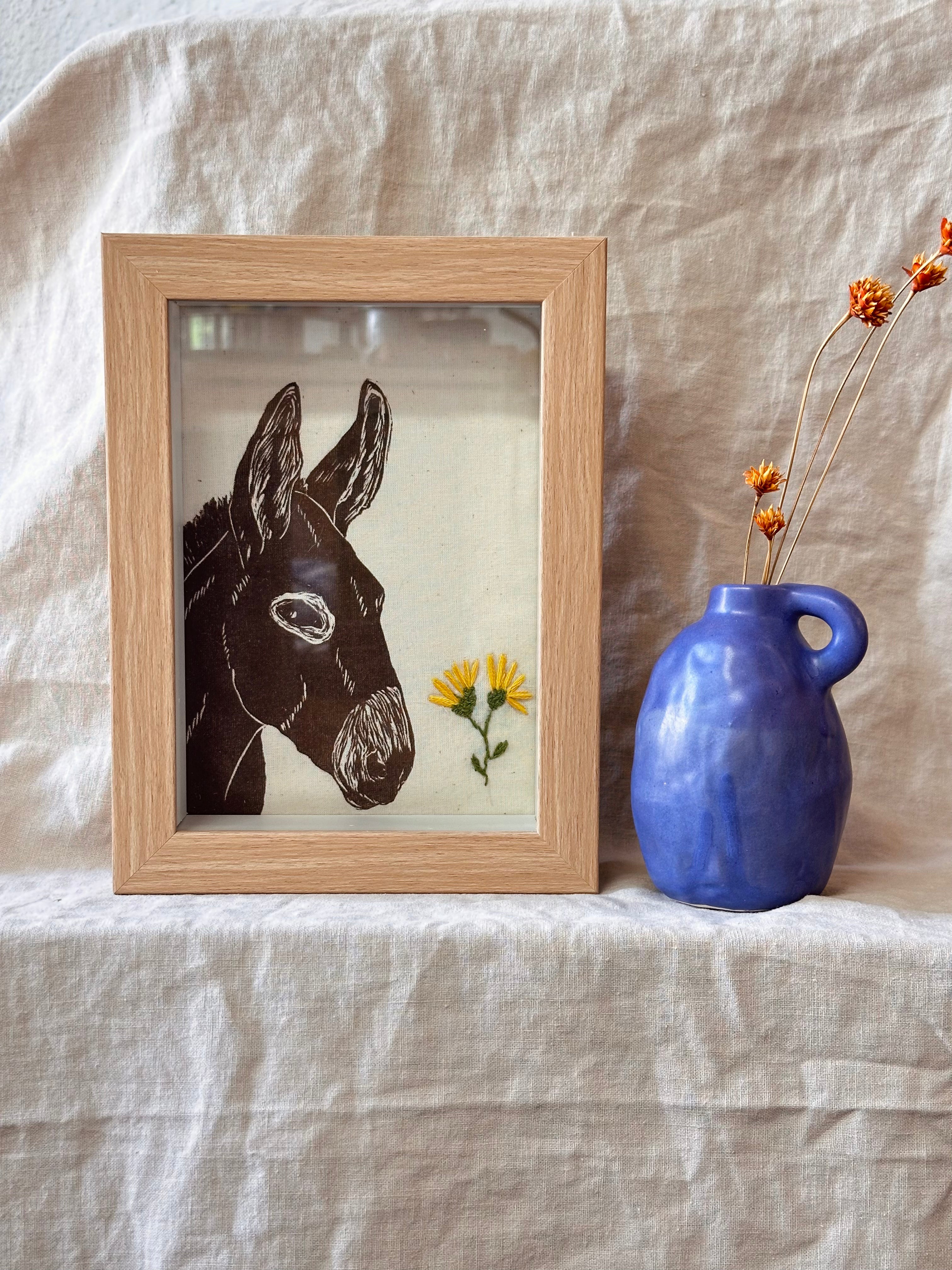 Shadow box • Donkey • embroidery yellow flowers