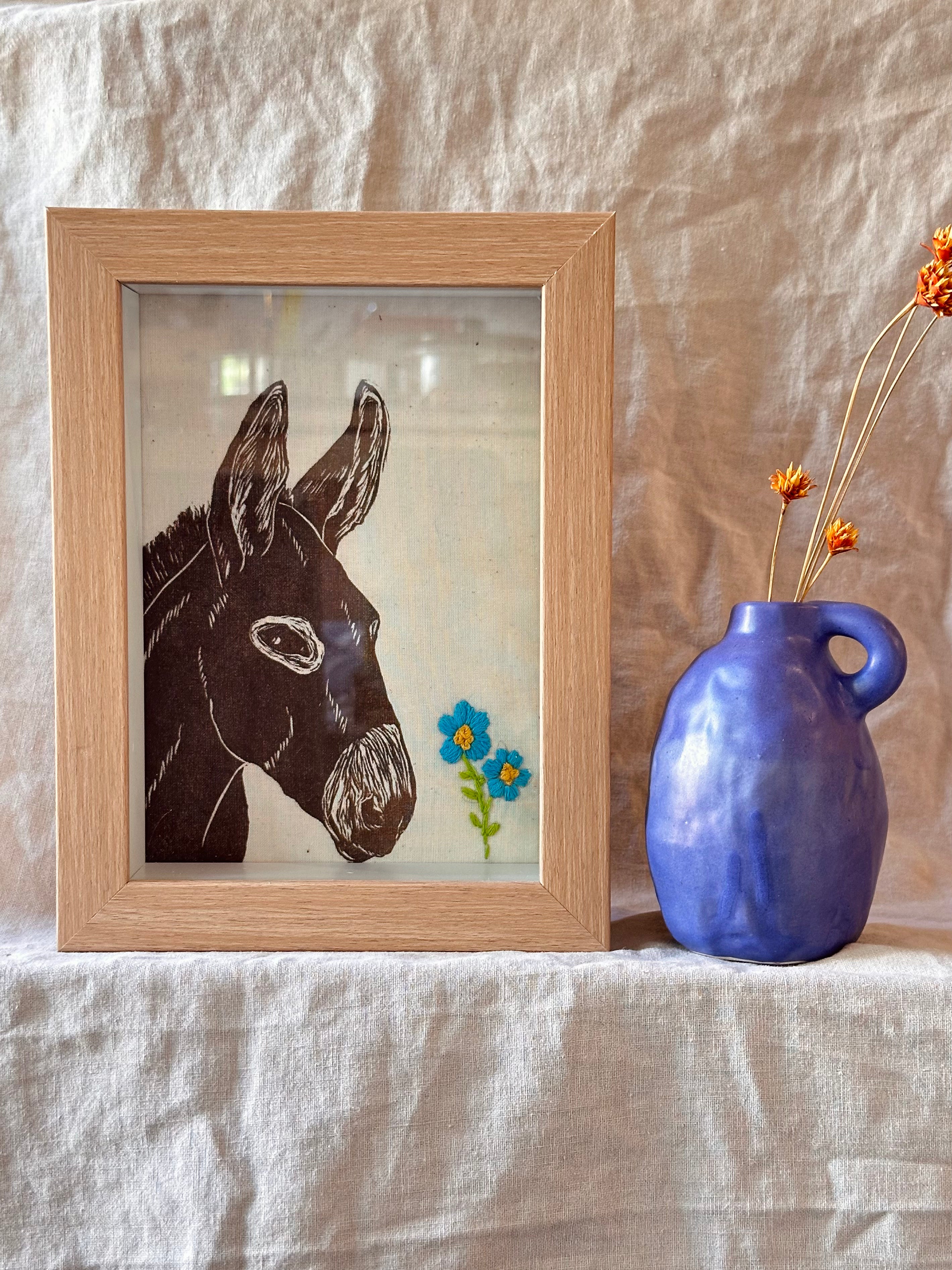 Shadow box • donkey • embroidery turqouise flowers