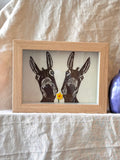 Shadow box • donkeys • embroiderd yellow flower