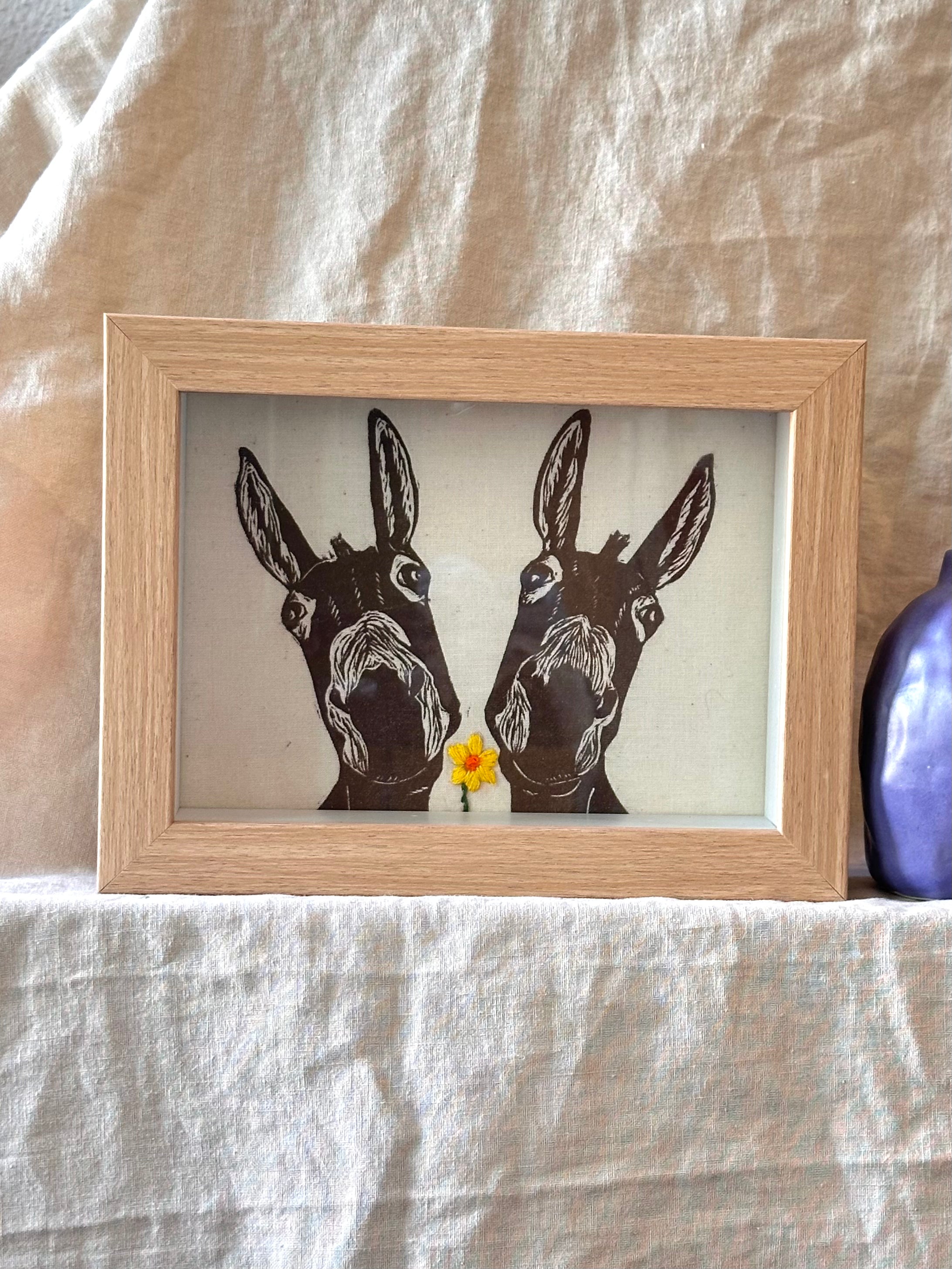 Shadow box • donkeys • embroiderd yellow flower
