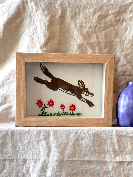 Shadow box ~ Fox ~  embroiderd red flowers