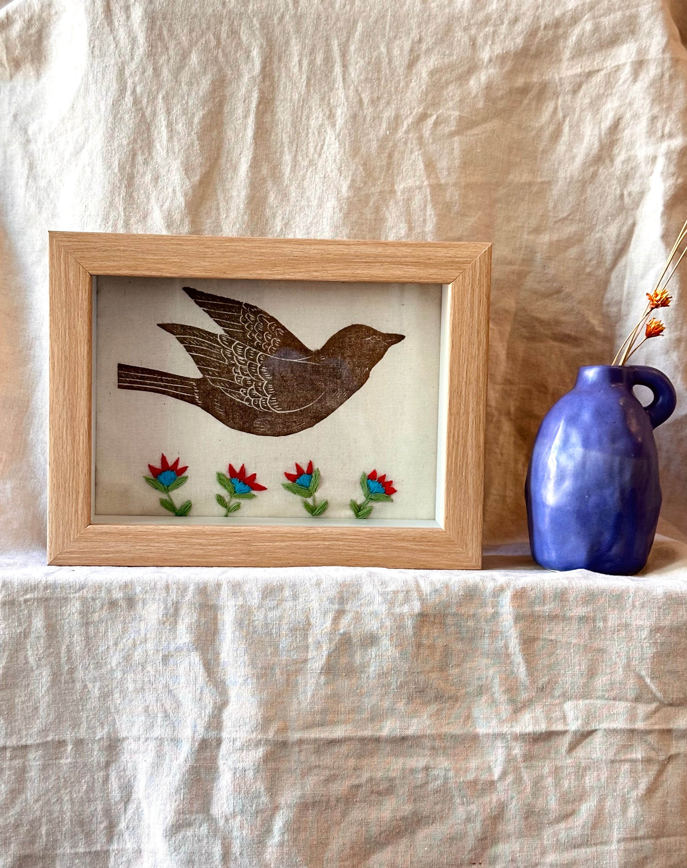 Shadow box • bird flying • embroidery red flowers