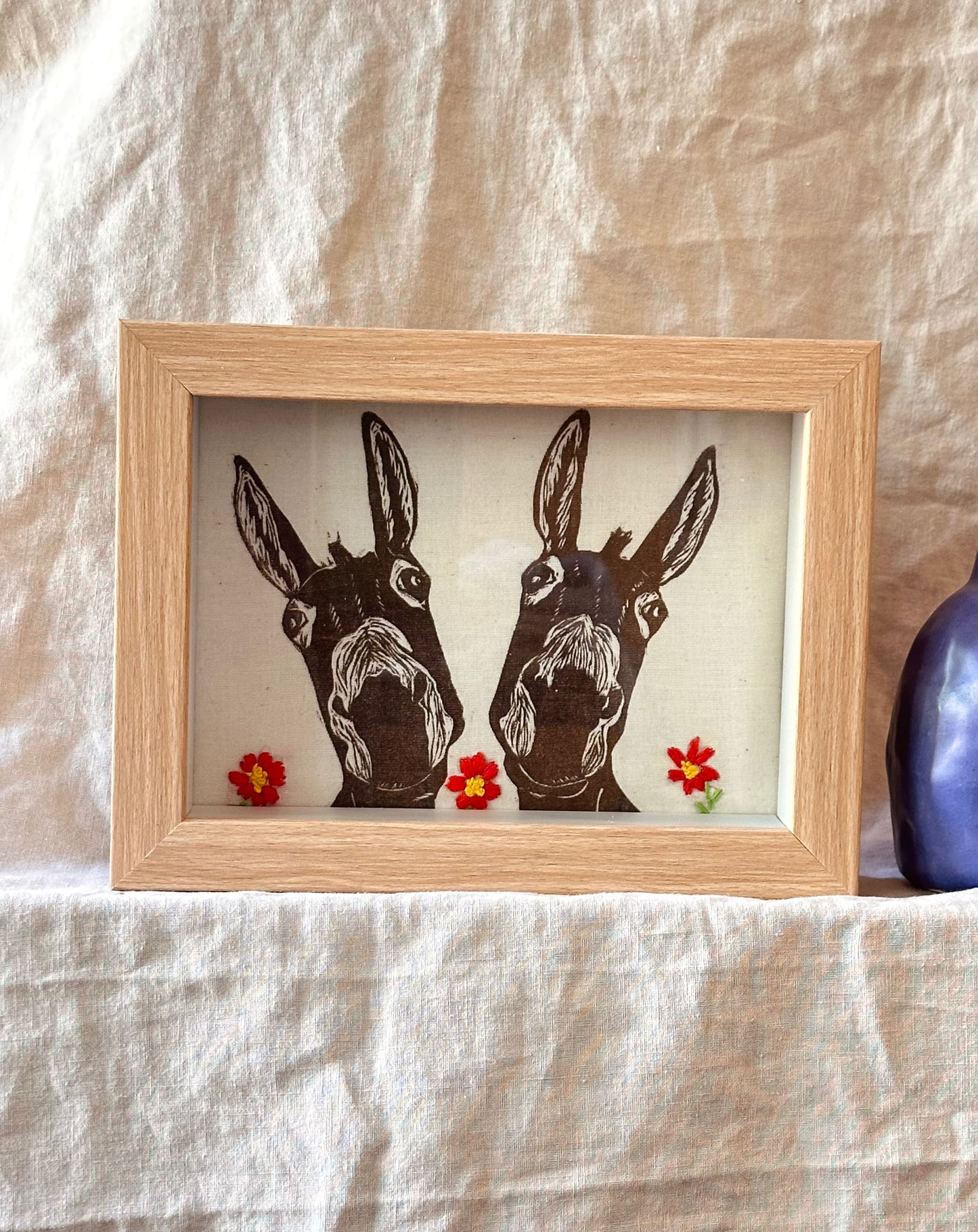 Shadow box ~ two donkeys~  embroidery ~ red flowers
