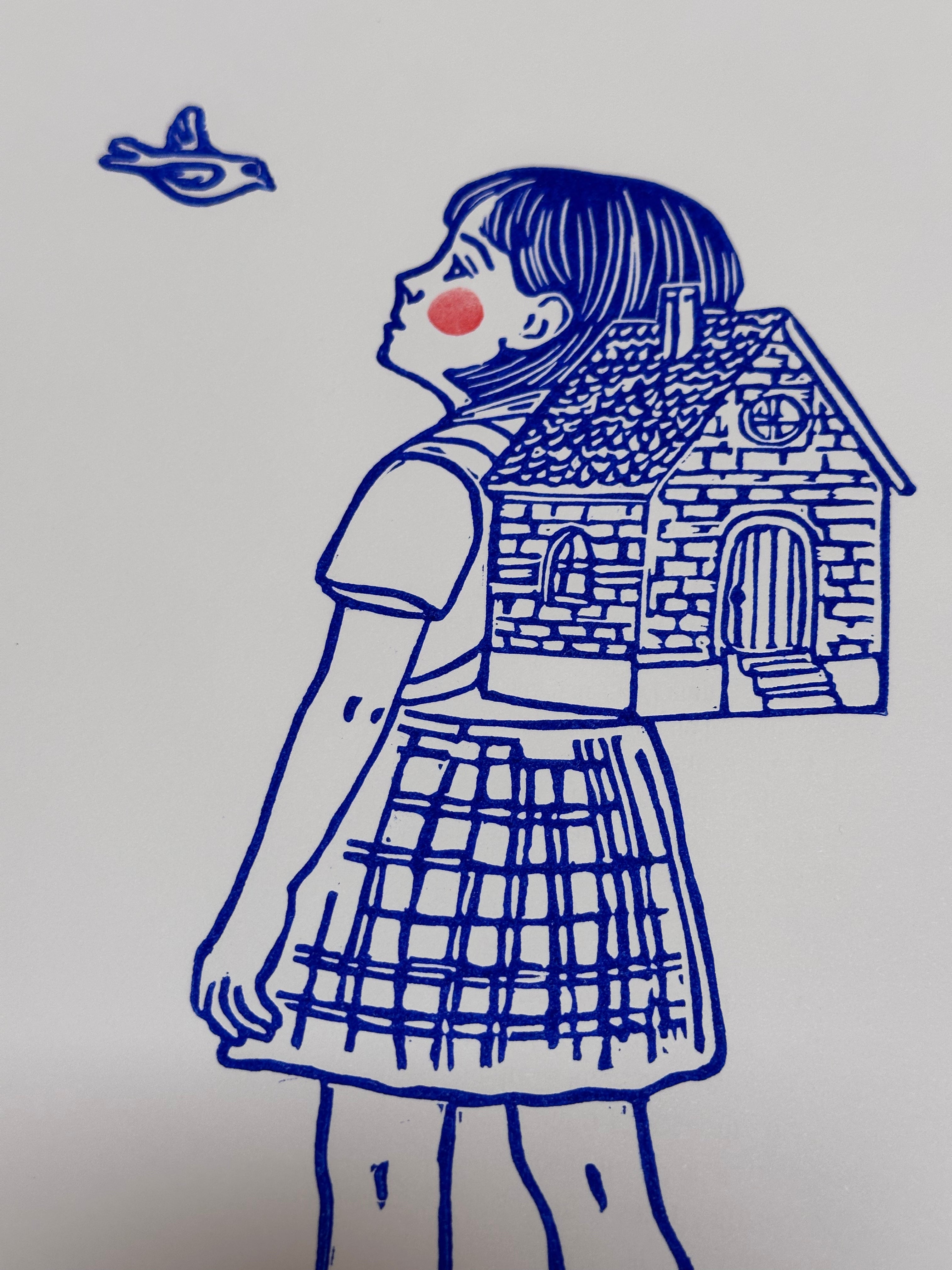 Girl with house - 8x11.5 Block print