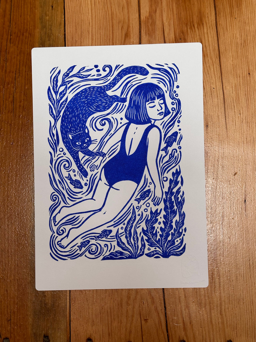 Girl swimming with cat - 8x11.5 Block print ~ two versions
