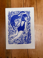 Girl swimming with cat - 8x11.5 Block print ~ two versions