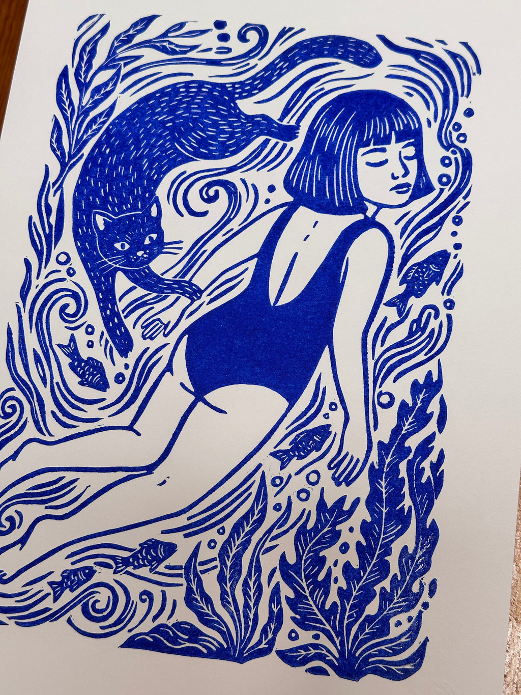 Girl swimming with cat - 8x11.5 Block print ~ two versions