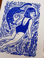Girl swimming with cat - 8x11.5 Block print ~ two versions