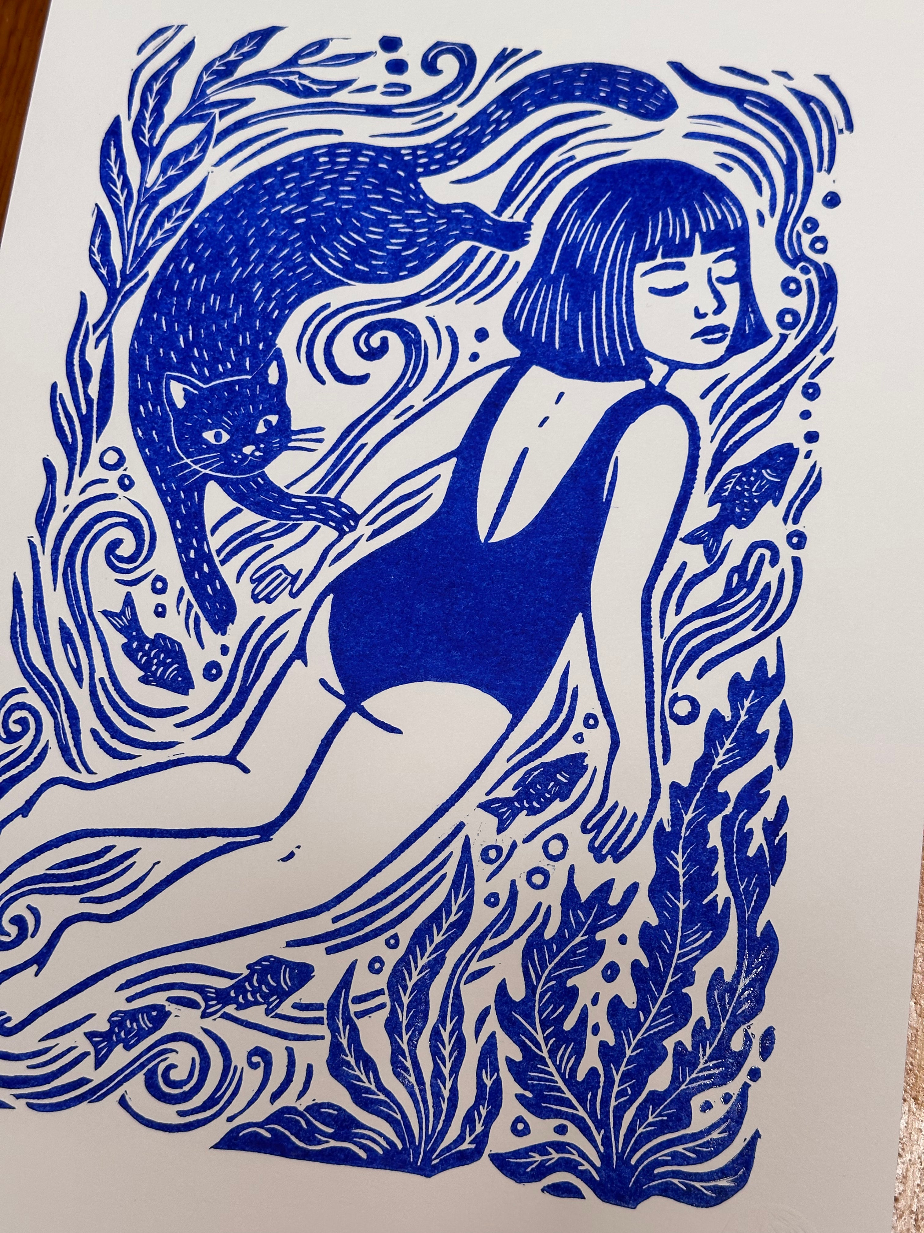Girl swimming with cat - 8x11.5 Block print ~ two versions