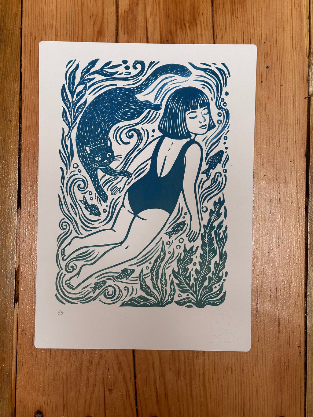 Girl swimming with cat - 8x11.5 Block print ~ two versions