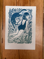 Girl swimming with cat - 8x11.5 Block print ~ two versions