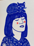 Woman with cat - 8x11.5 Block print