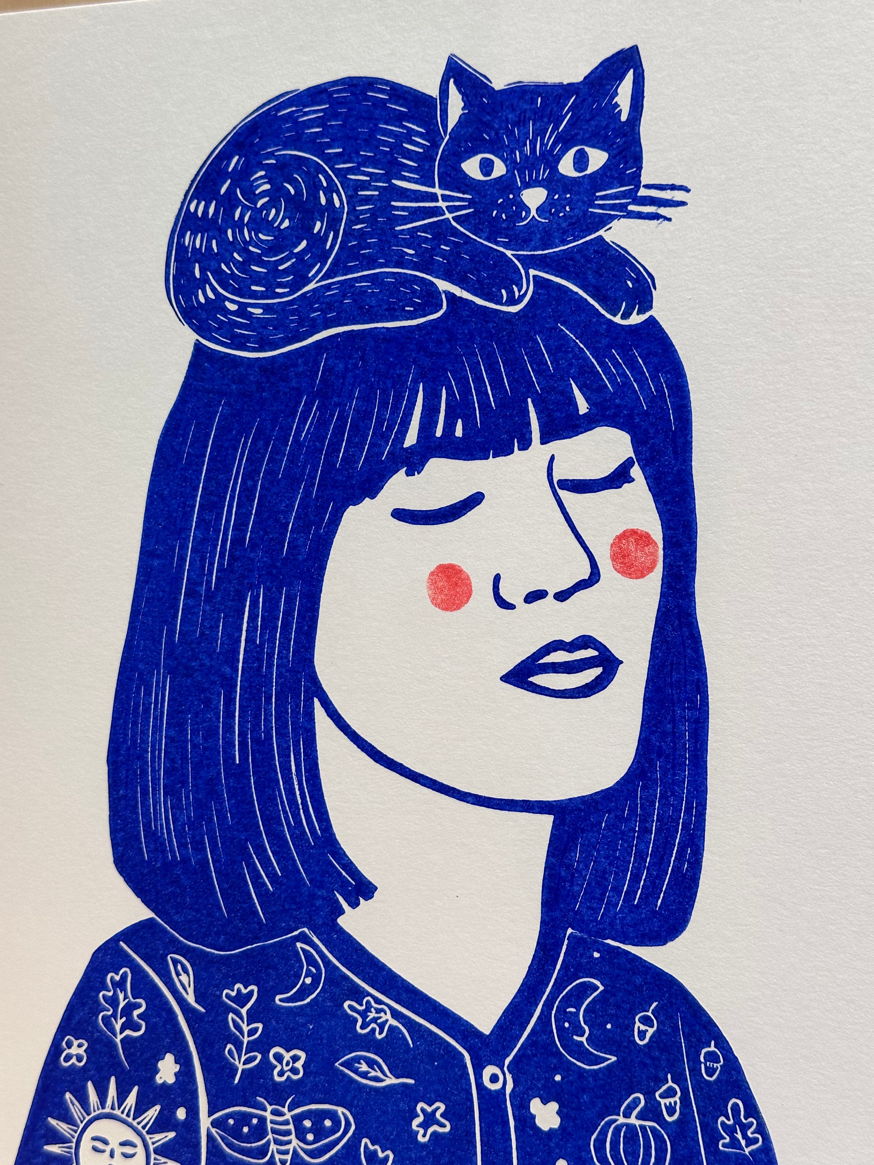 Woman with cat - 8x11.5 Block print