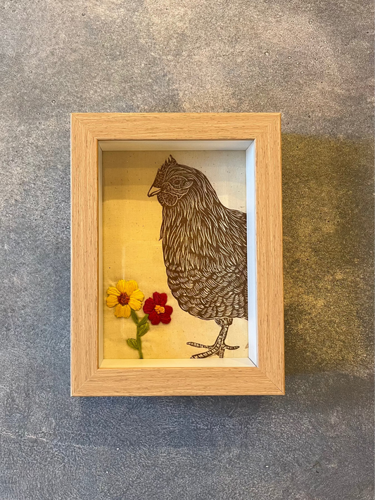 Shadow box ~ bird ~ yellow & pink flowers