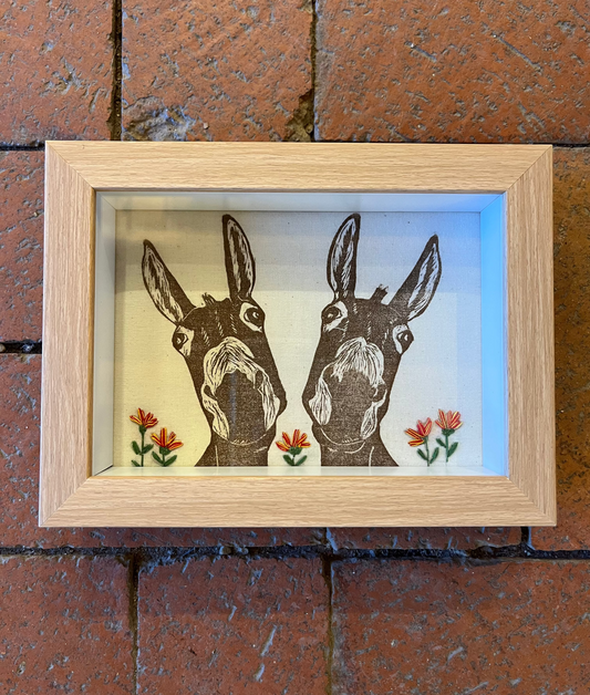 Shadow box ~ two donkeys ~ flowers