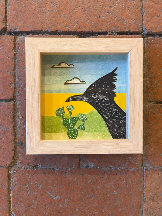 Shadow box ~ roadrunner ~cactus and clouds