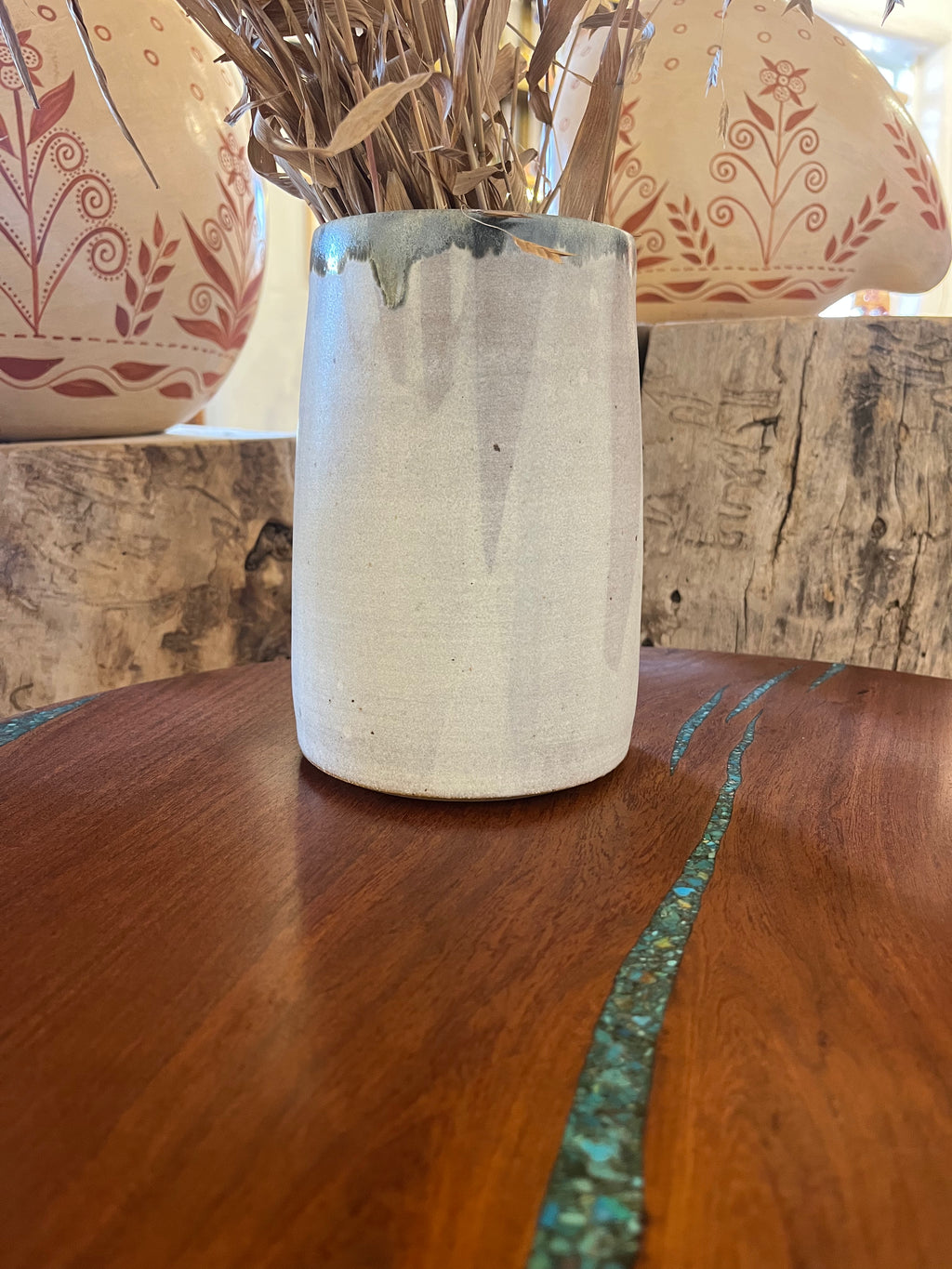 Off white vase with cobalt green interior - Stoneware