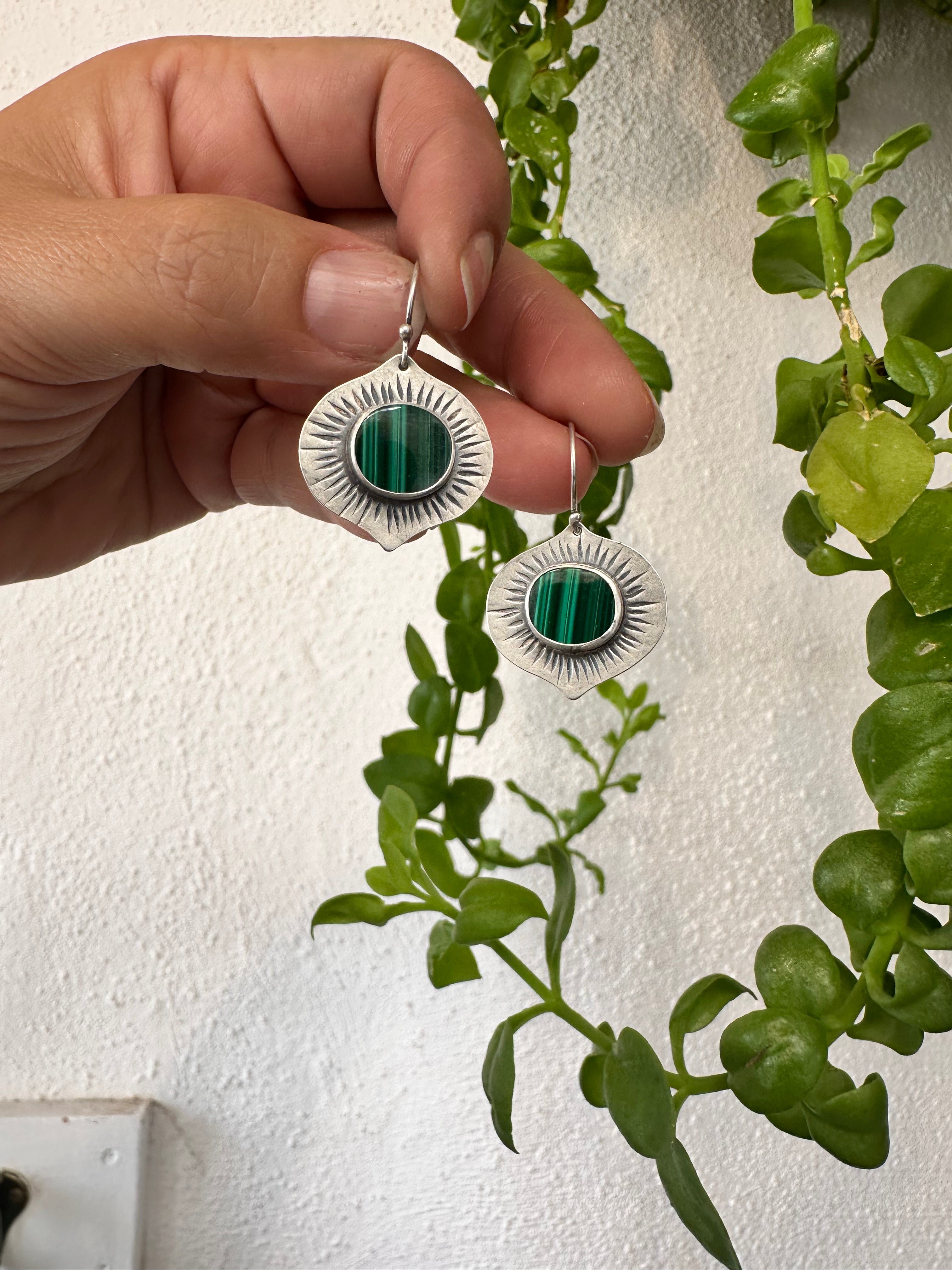 Malachite Lotus Earrings - Sterling Silver