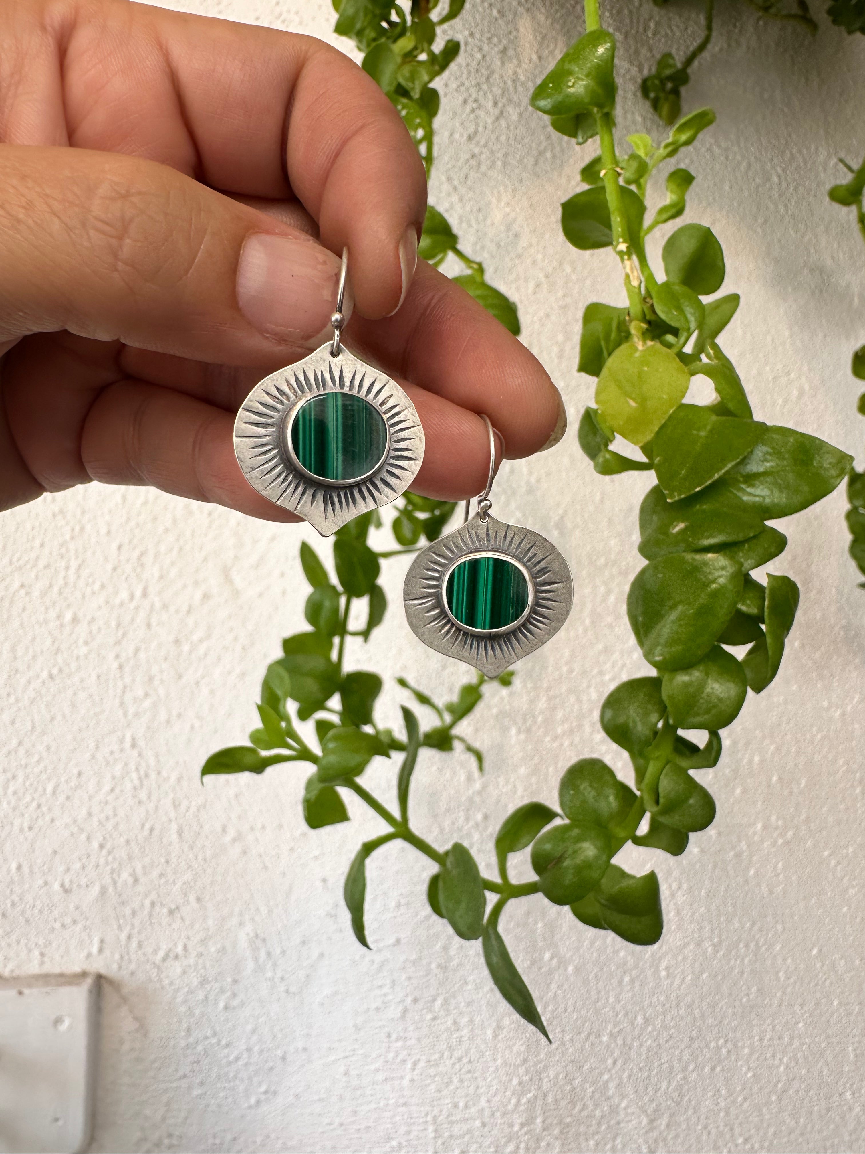 Malachite Lotus Earrings - Sterling Silver