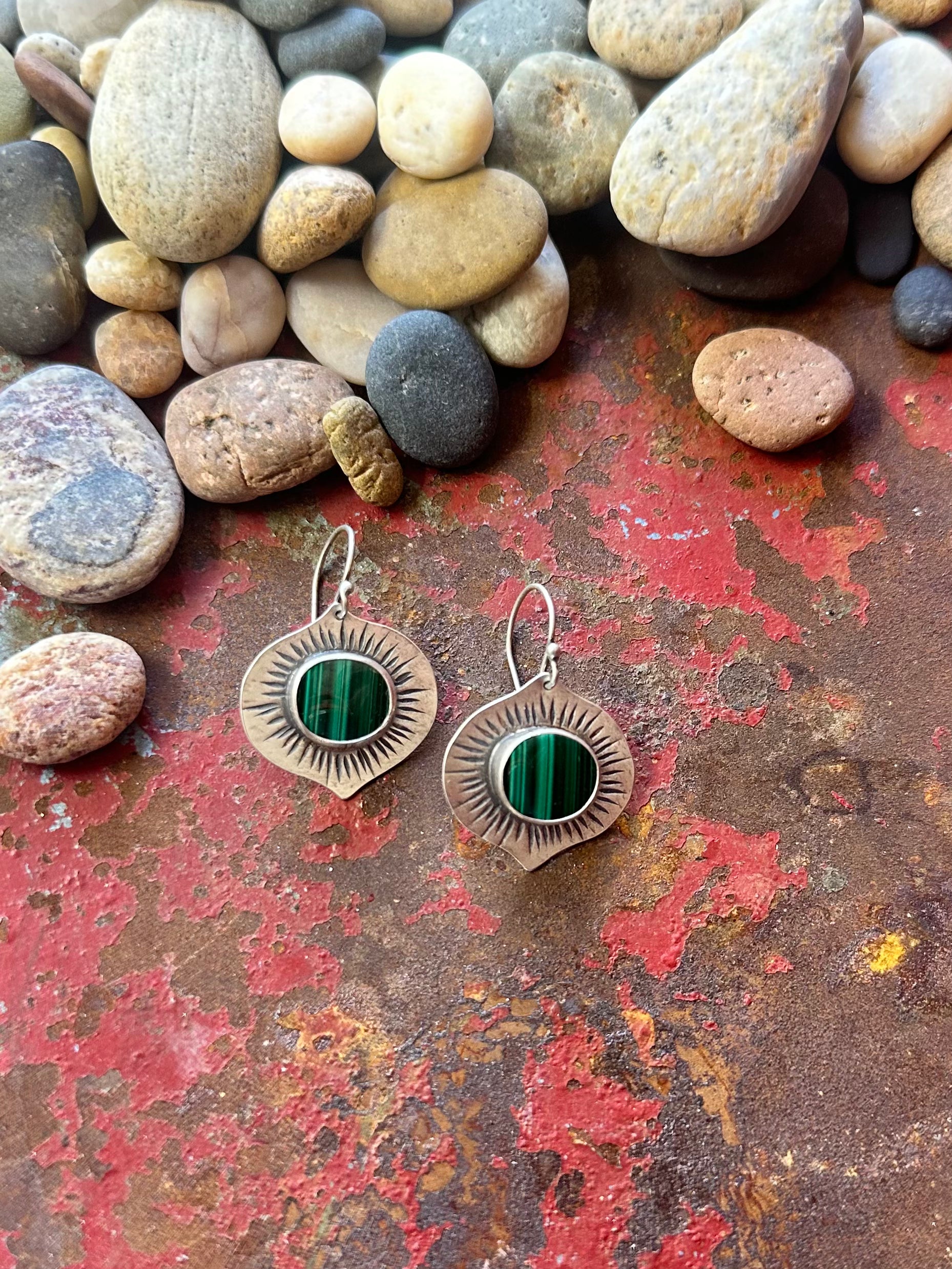 Malachite Lotus Earrings - Sterling Silver
