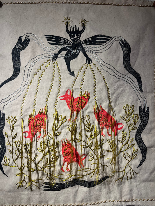 Textile - hand printed fabric finished with hand stitched details