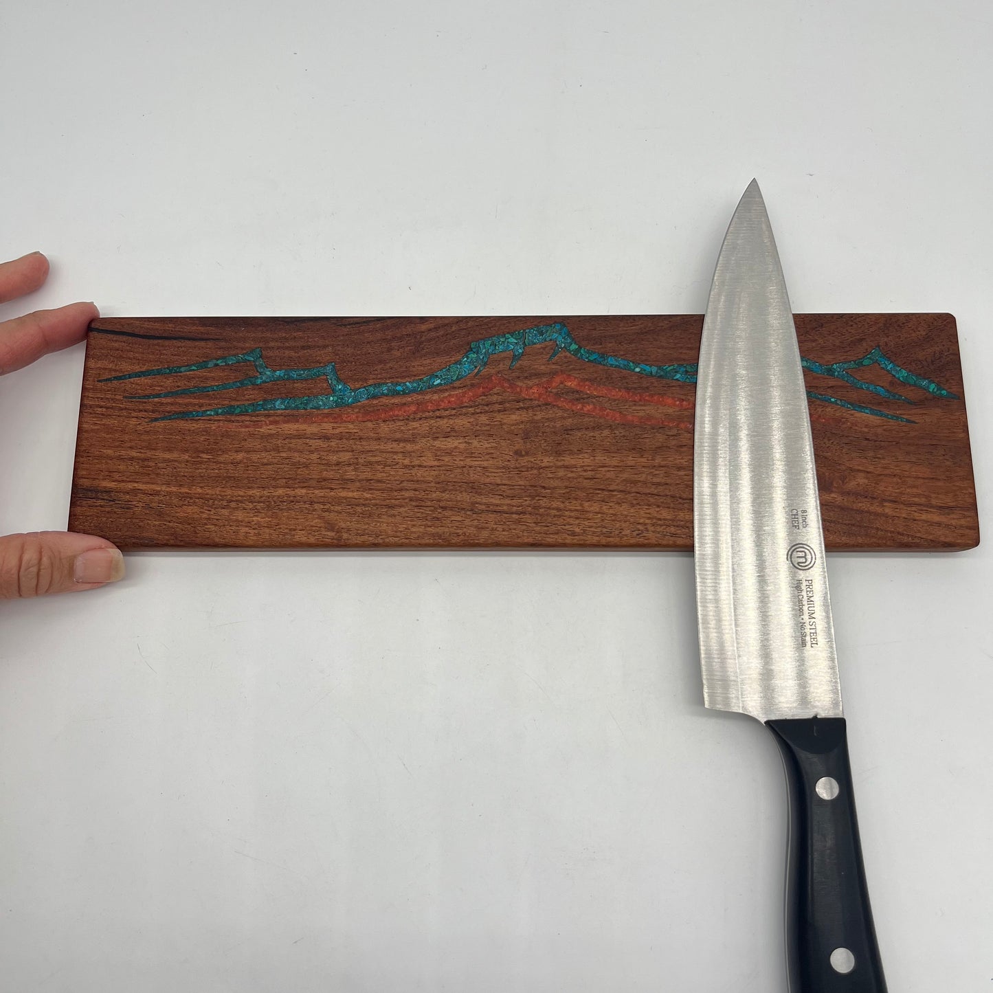 Knife block with Kingman turquoise & Coral inlaid ~ Mesa Mountains Design