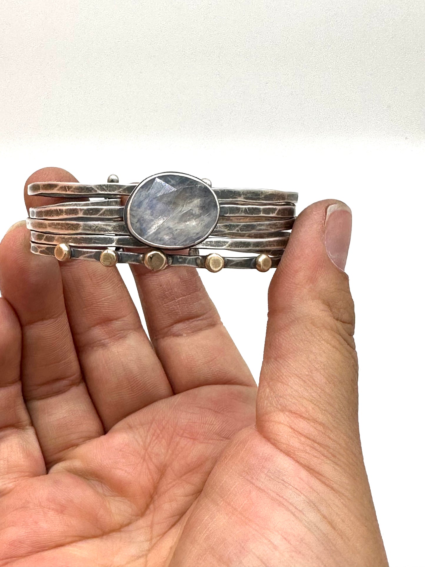 Stacked - Attached Bracelet - Rainbow Moonstone  - Cuff with Movement - ready to ship