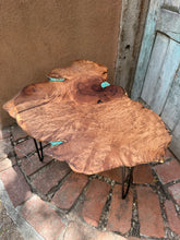 Load image into Gallery viewer, Mesquite Burl Side Table inlaid with Kingman Turquoise
